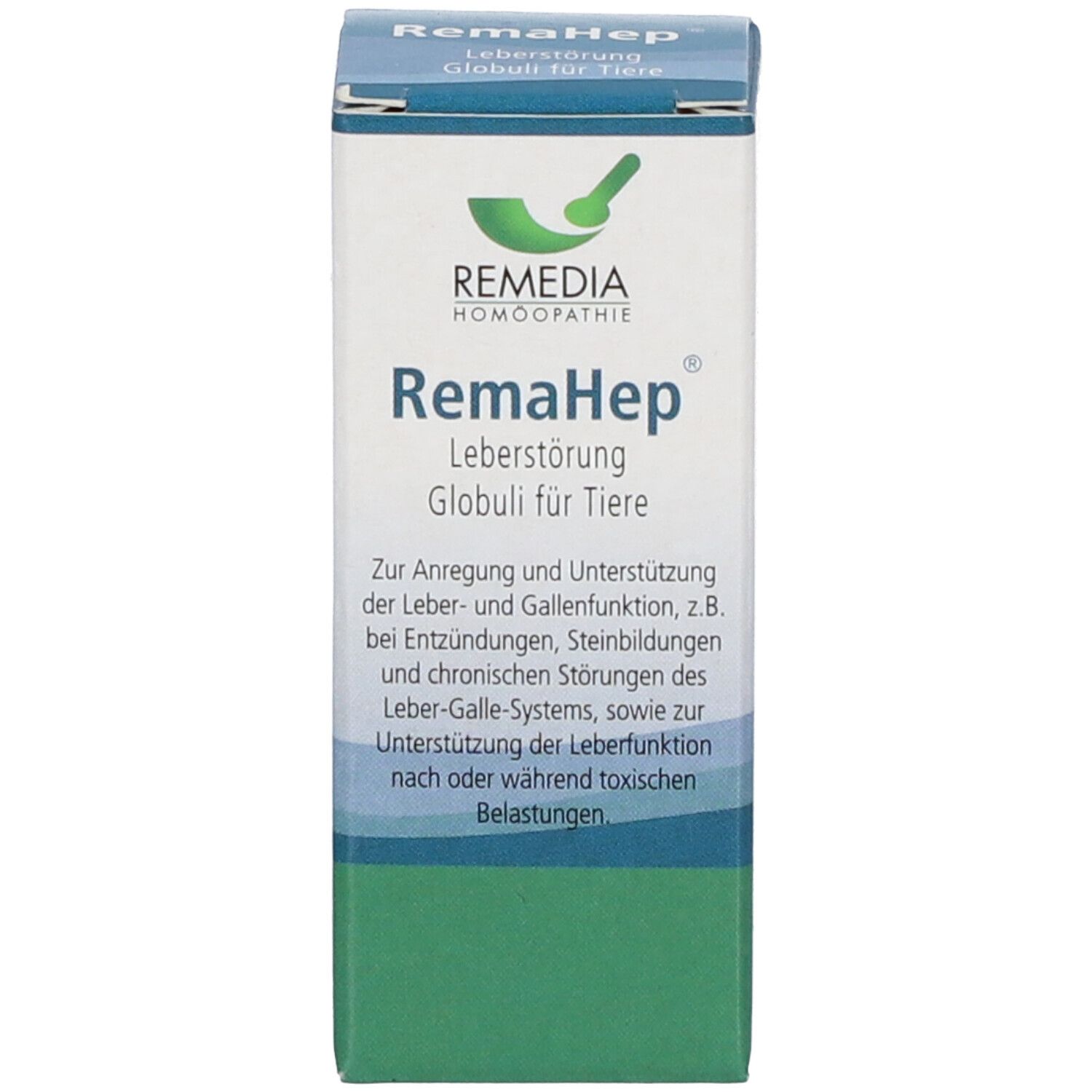 Kartonverpackung. Text: RemaHep Leberstörung Globuli für Tiere. Logo: Remedia Homöopathie. Blautöne.