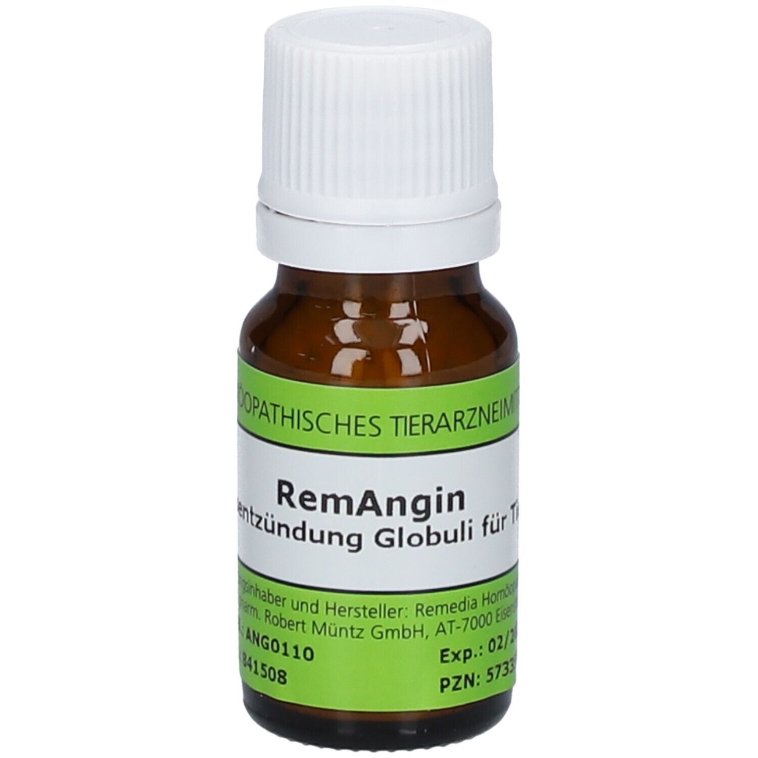 Braune Glasflasche mit weißem Deckel. Etikett mit grüner Schrift: RemAngin Halsentzündung Globuli. Homöopathisches Tierarzneimittel.