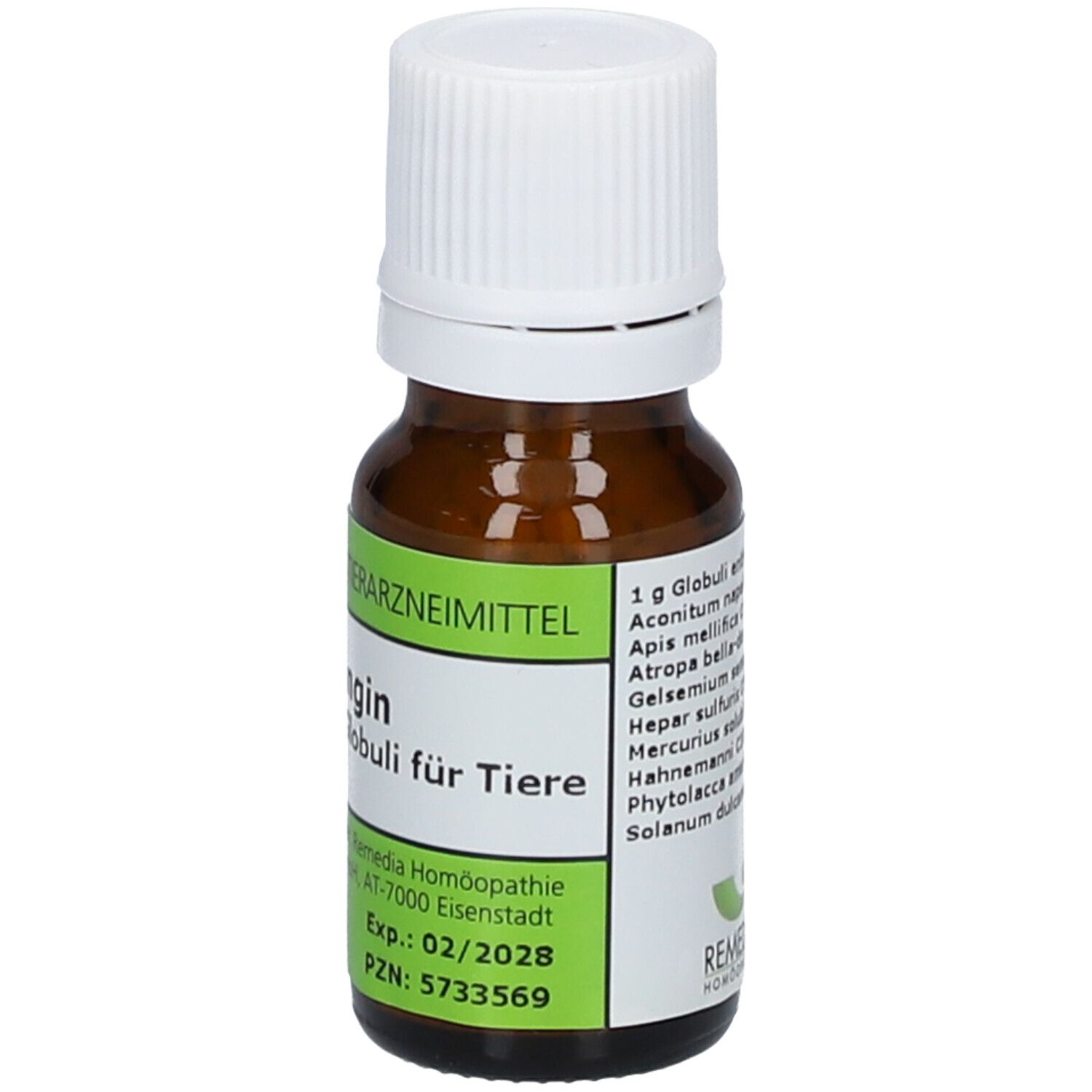 Braune Glasflasche mit weißem Deckel. Etikett mit grüner Schrift: RemAngin Globuli für Tiere. Homöopathisches Tierarzneimittel.