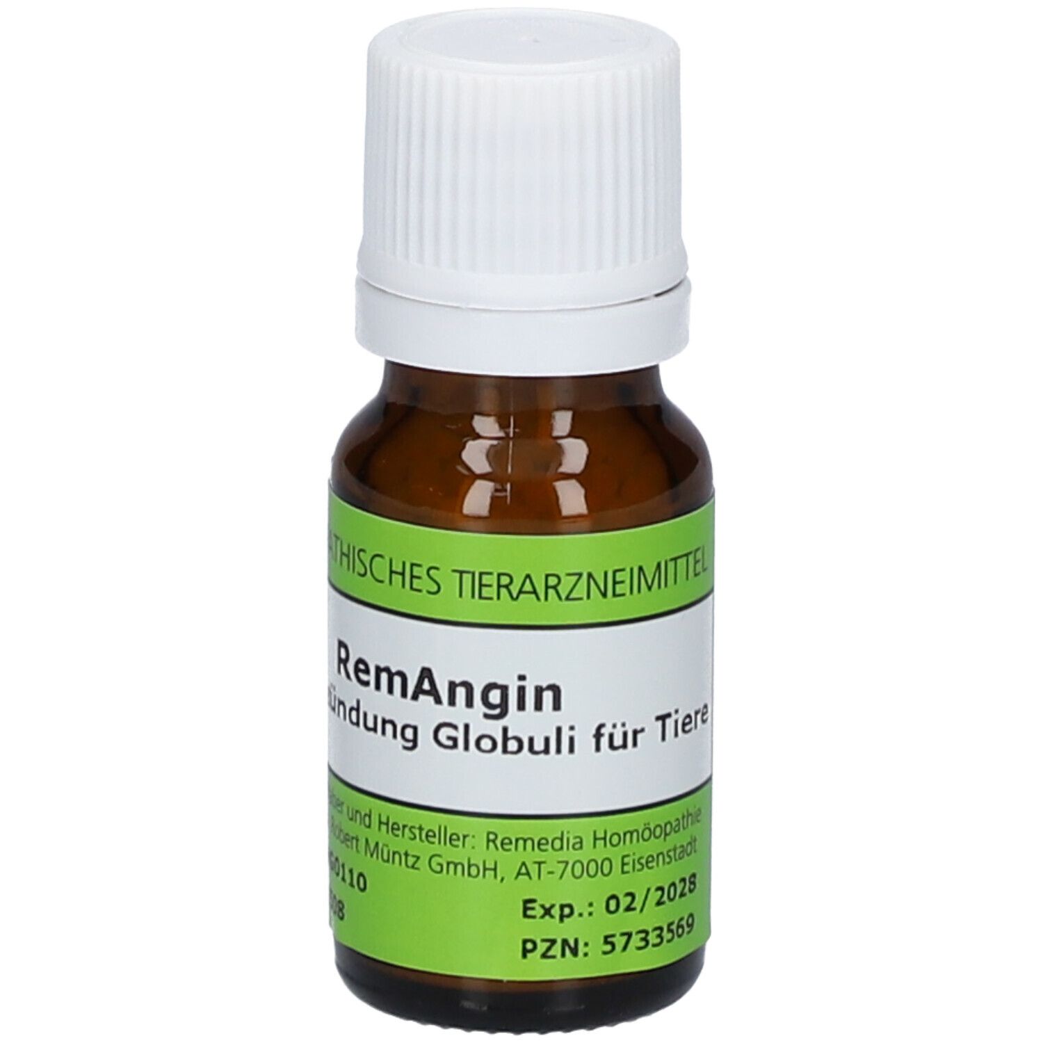 Braune Glasflasche mit weißem Deckel. Etikett mit grüner Schrift: RemAngin Globuli für Tiere. Homöopathisches Tierarzneimittel.