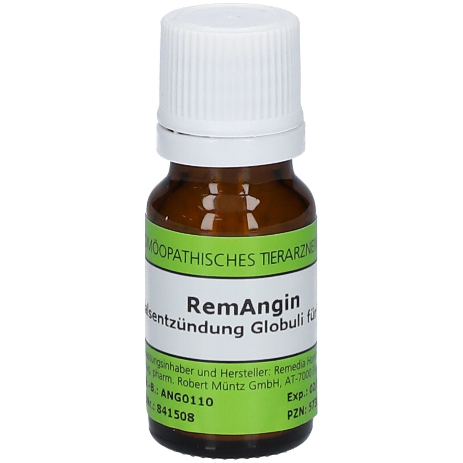 Braune Glasflasche mit weißem Deckel. Etikett mit grüner Schrift: RemAngin Halsentzündung Globuli für Tiere. Homöopathisches Tierarzneimittel.