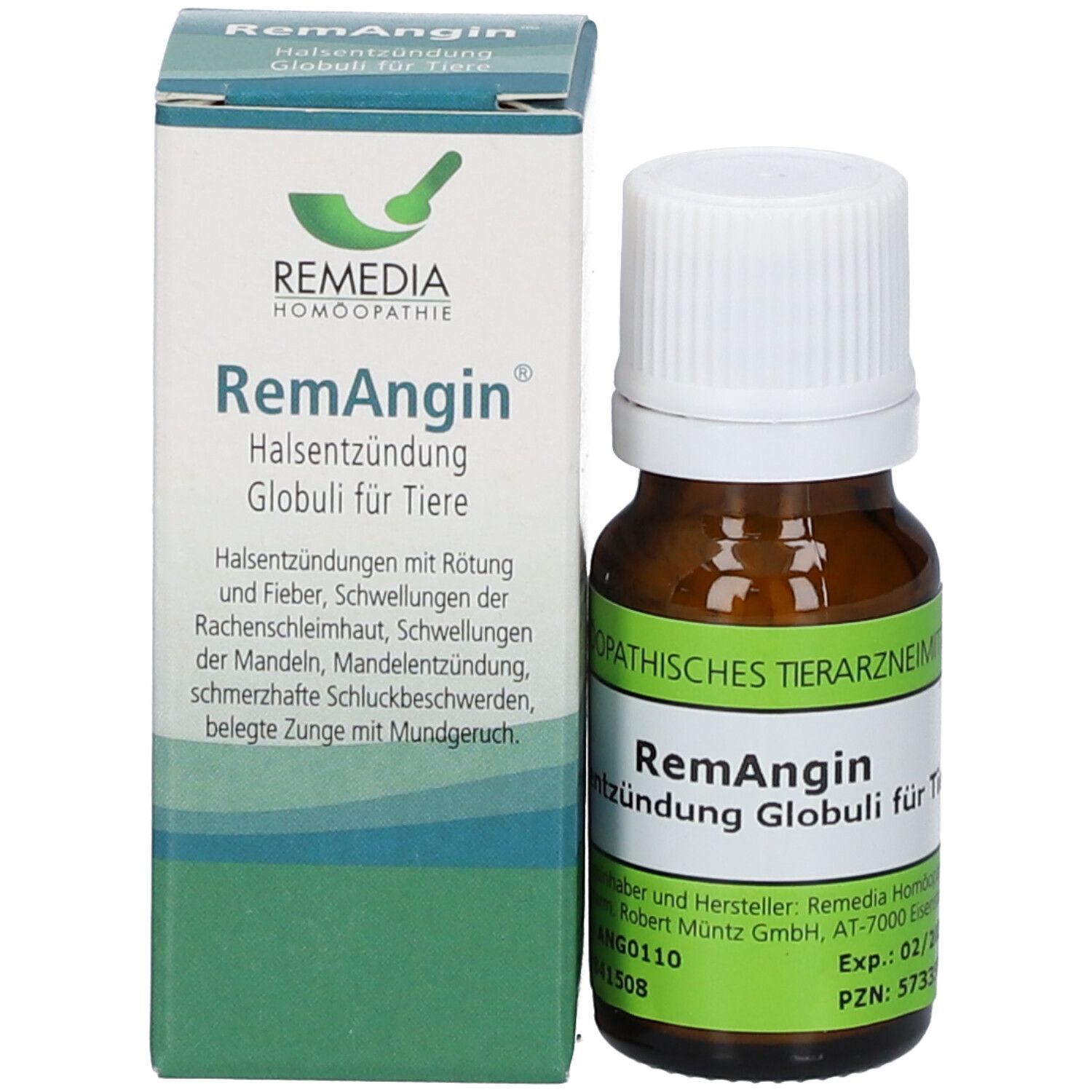 Produktverpackung mit Flasche. Braune Flasche mit weißem Deckel. Karton mit Produktnamen und Beschreibung. Homöopathisches Tierarzneimittel.