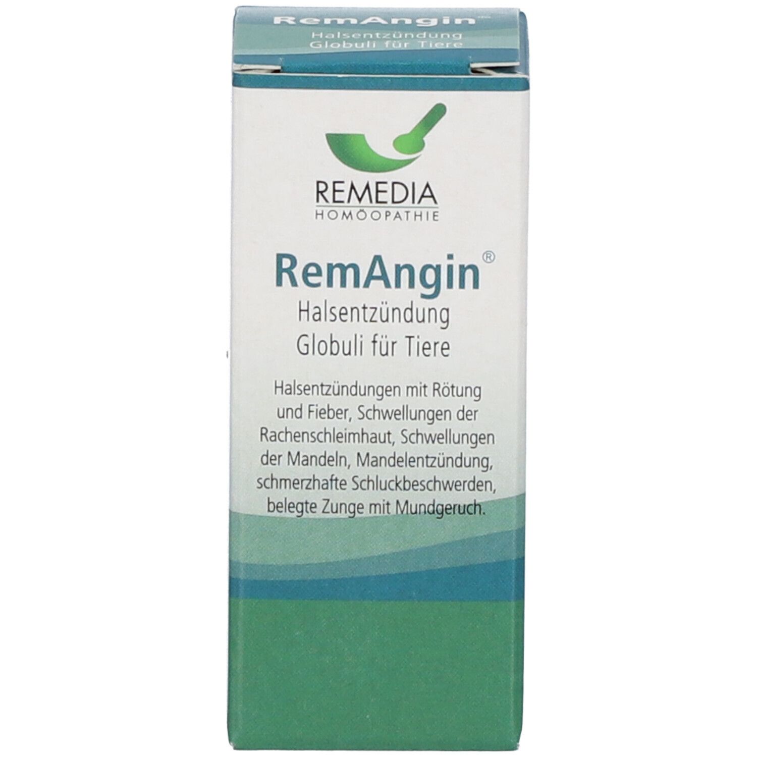 Produktverpackung. Karton mit Produktnamen und Beschreibung. Homöopathisches Tierarzneimittel. Grüne und weiße Farbgebung.