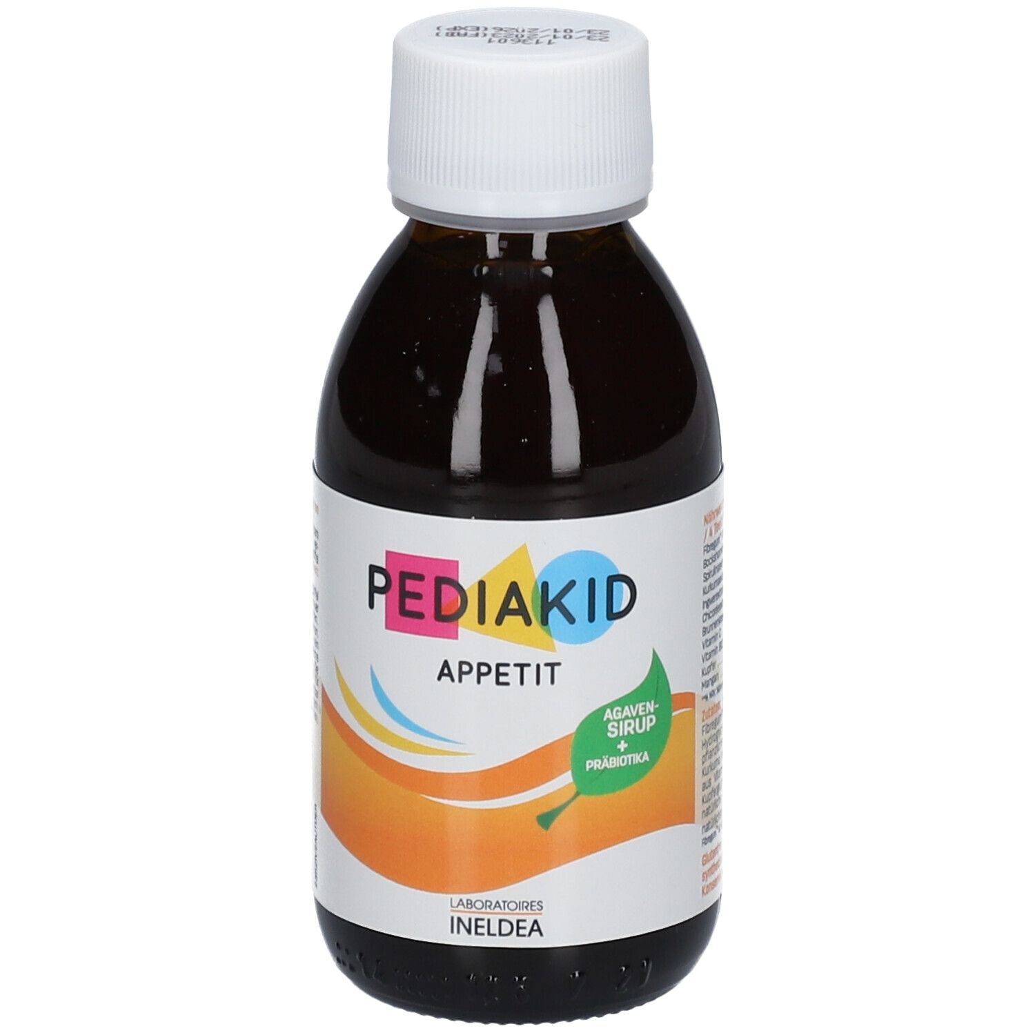 Braune Flasche mit weißem Deckel. Etikett mit "PEDIAKID Appetit", "Agavensirup + Präbiotika".
