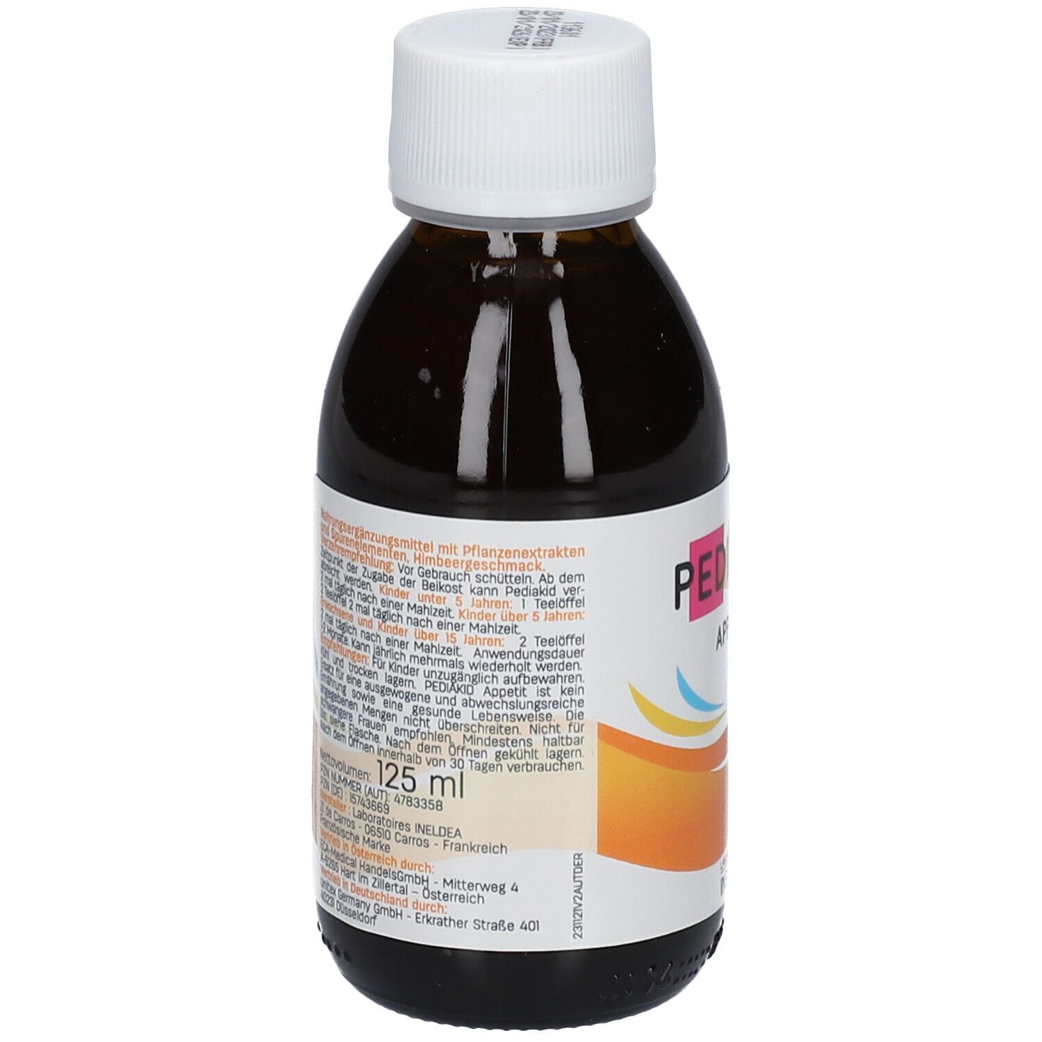 Rückansicht einer braunen Flasche mit weißem Deckel. Etikett mit Text und Inhaltsangaben.