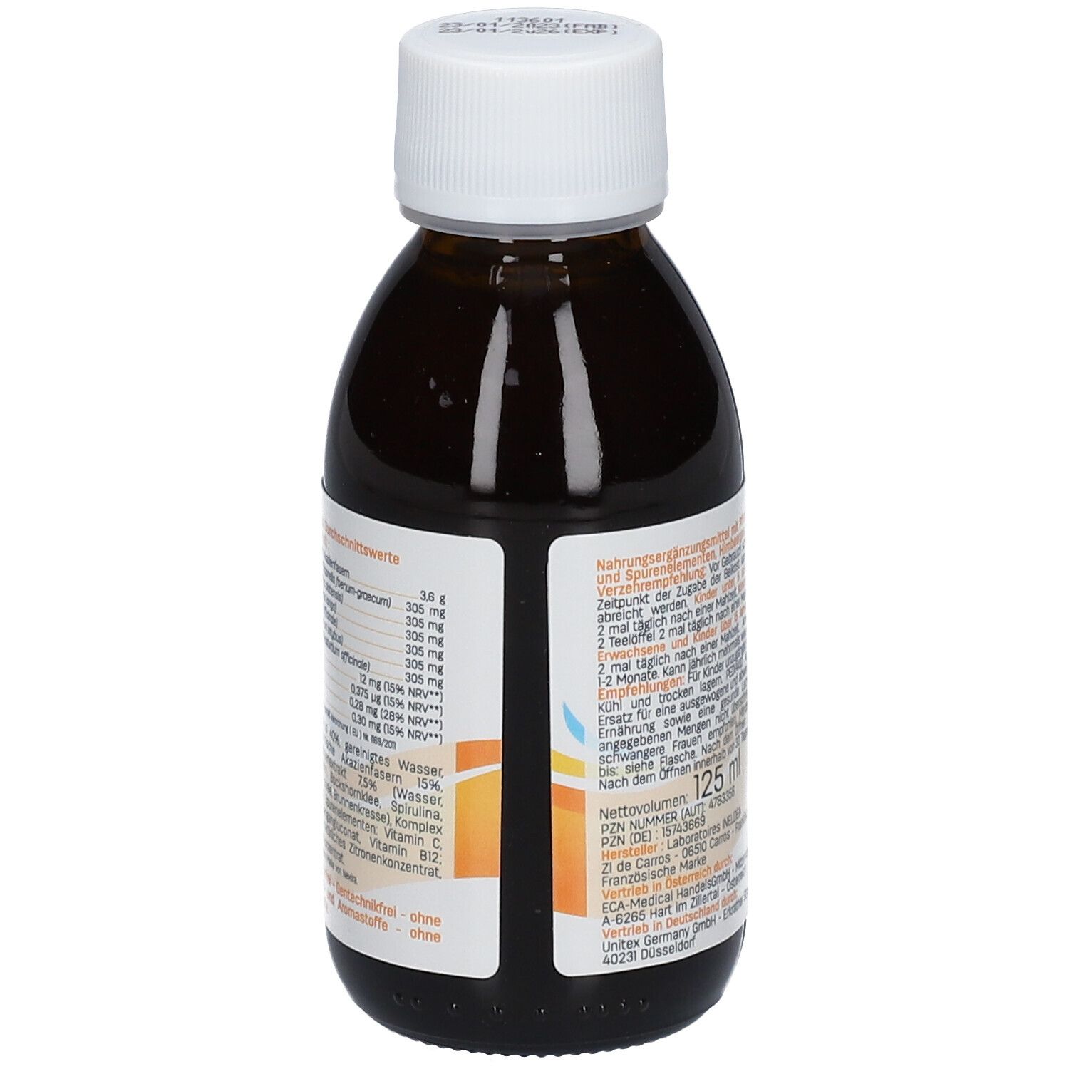 Rückansicht einer braunen Flasche mit weißem Deckel. Etikett mit Nährwertangaben und Inhaltsstoffen.