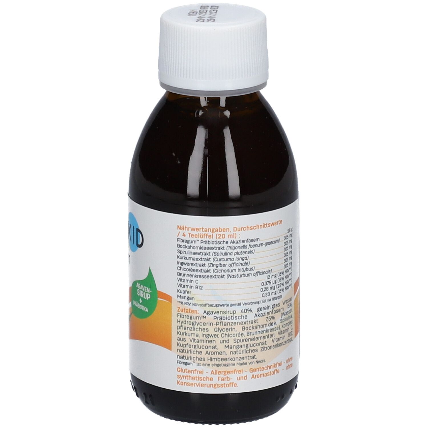 Rückansicht einer braunen Flasche mit weißem Deckel. Etikett mit Inhaltsstoffen und Nährwertangaben.