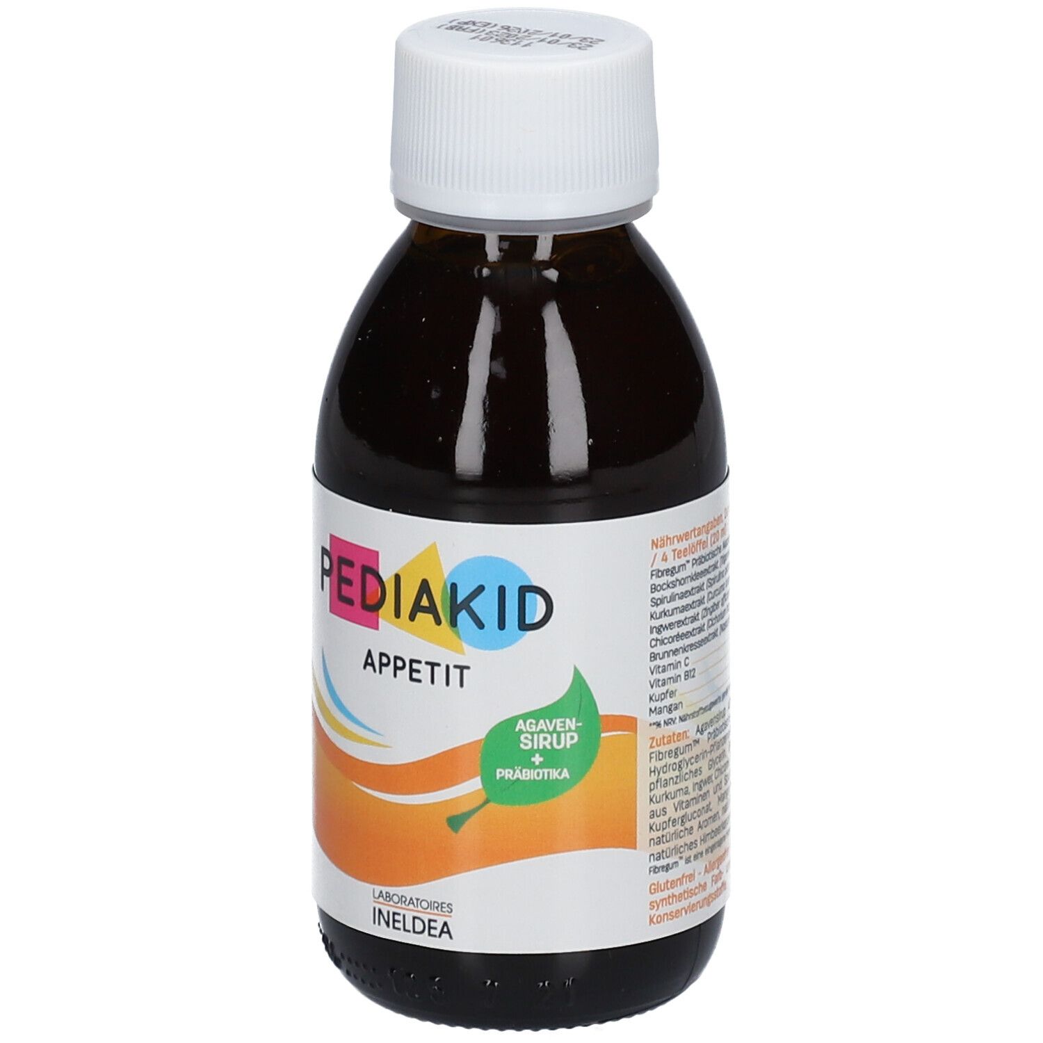 Braune Flasche mit weißem Deckel. Etikett mit "PEDIAKID Appetit", "Agavensirup + Präbiotika".