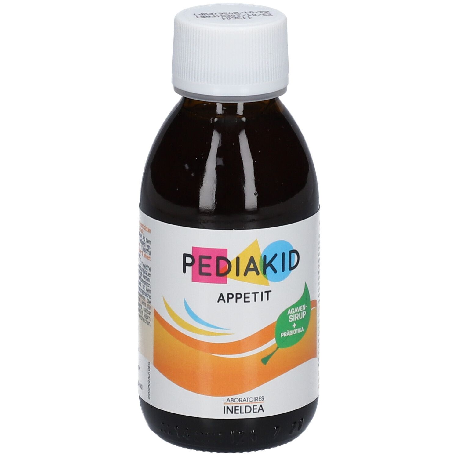 Braune Flasche mit weißem Deckel. Etikett mit "PEDIAKID Appetit", "Agavensirup + Präbiotika".