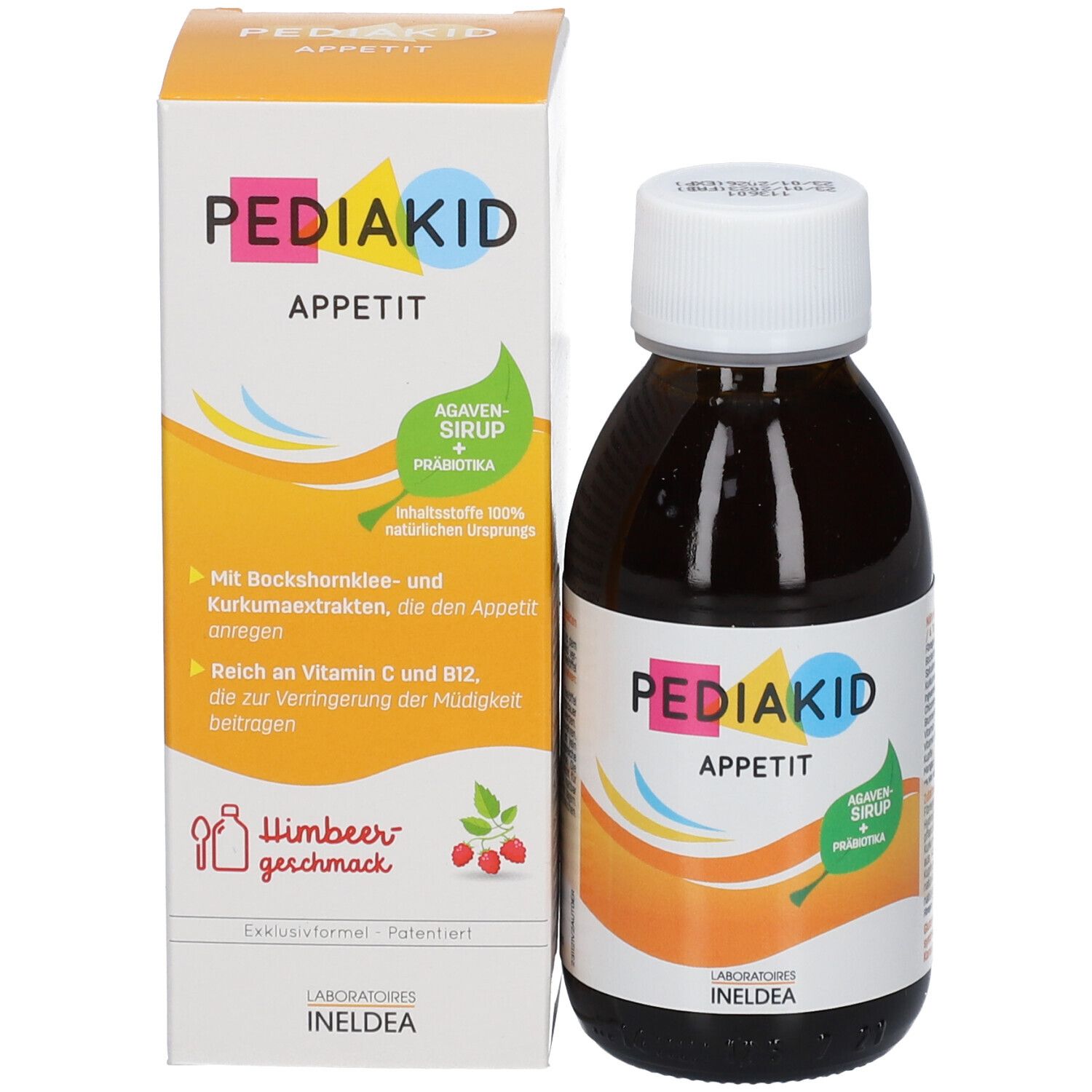 Produktverpackung und Flasche. Verpackung mit "PEDIAKID Appetit". Flasche mit "PEDIAKID Appetit".