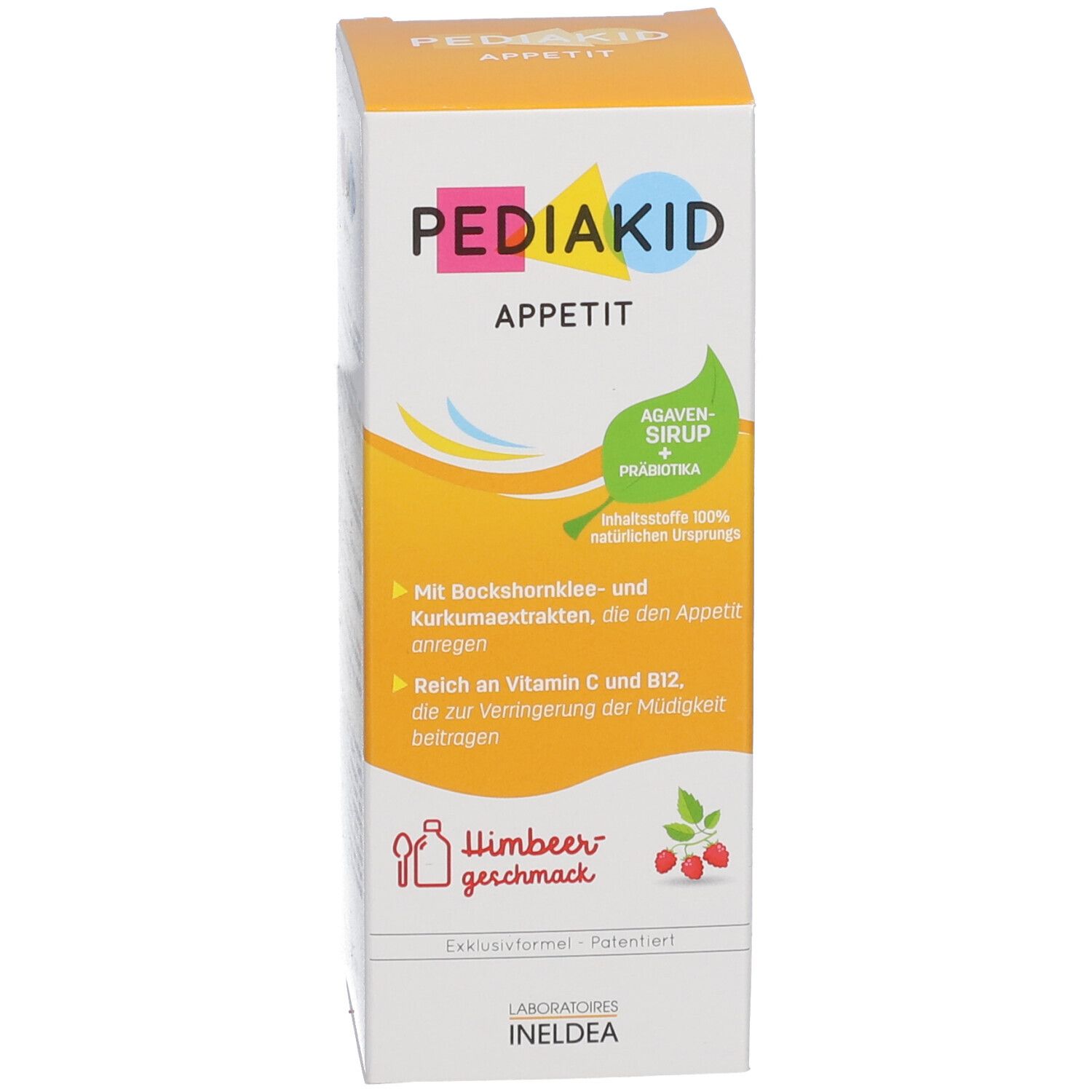 Produktverpackung. Verpackung mit "PEDIAKID Appetit". Text und Abbildungen.