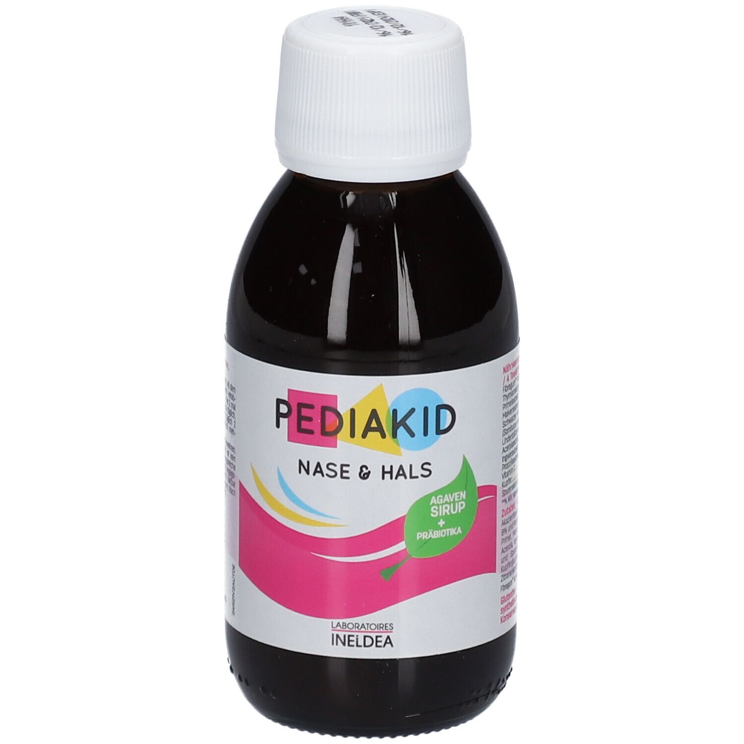 Braune Flüssigkeit in einer Flasche mit weißem Deckel. Auf dem Etikett steht PEDIAKID Nase & Hals, Agavensirup + Präbiotika.