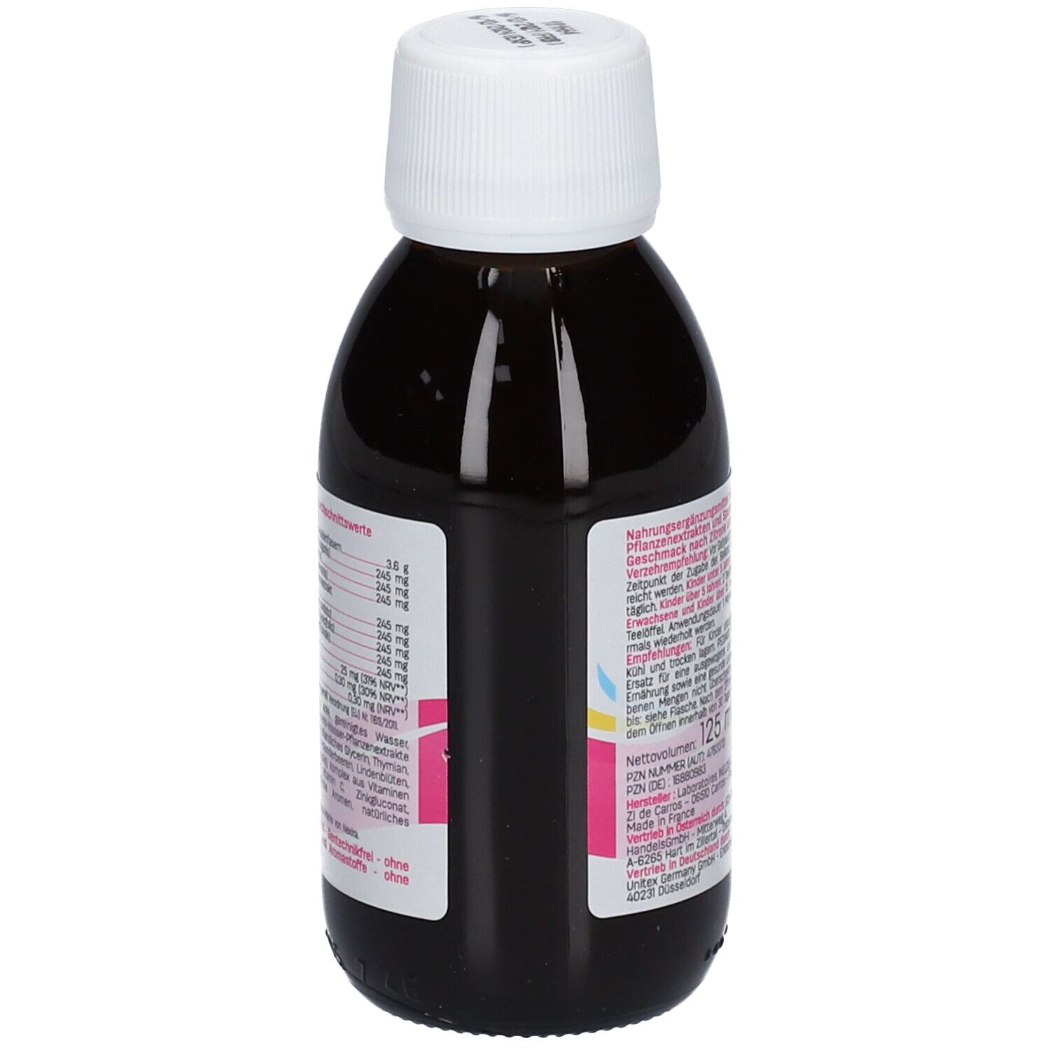 Braune Flüssigkeit in einer Flasche mit weißem Deckel. Auf dem Etikett stehen Nährwertangaben. Aufschrift: PEDIAKID Nase & Hals.
