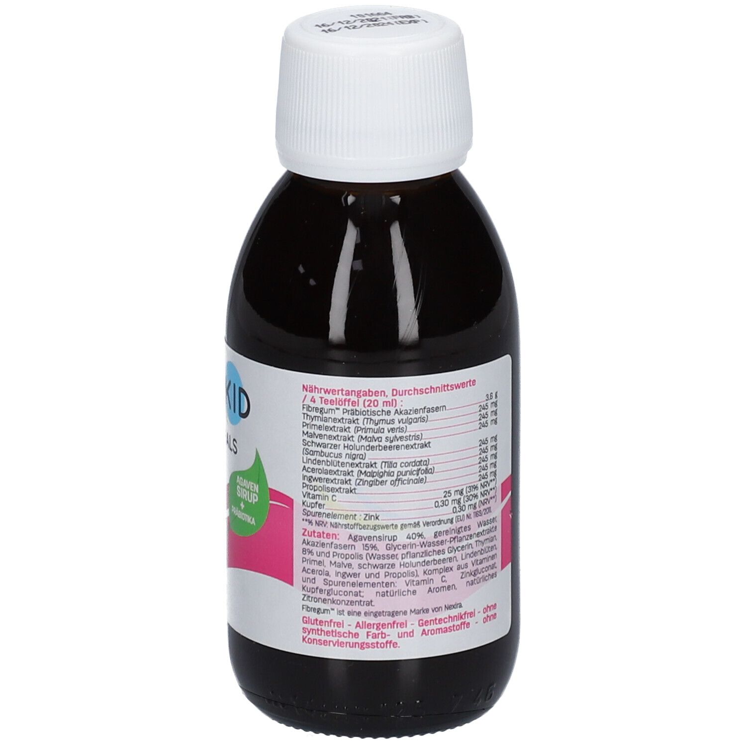 Braune Flüssigkeit in einer Flasche mit weißem Deckel. Etikett mit Nährwertangaben und Inhaltsstoffen. Aufschrift: PEDIAKID Nase & Hals.