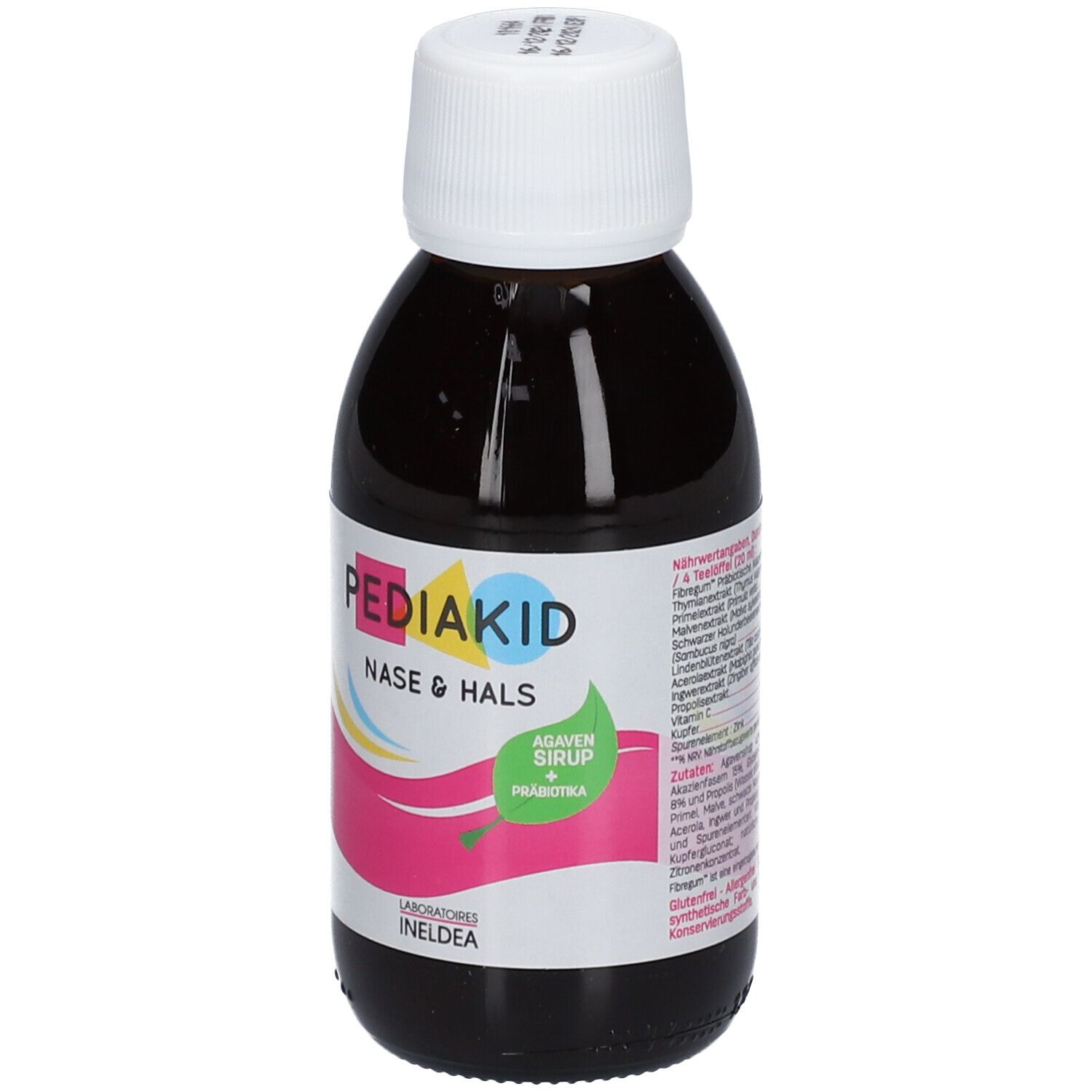 Braune Flüssigkeit in einer Flasche mit weißem Deckel. Auf dem Etikett steht PEDIAKID Nase & Hals, Agavensirup + Präbiotika.