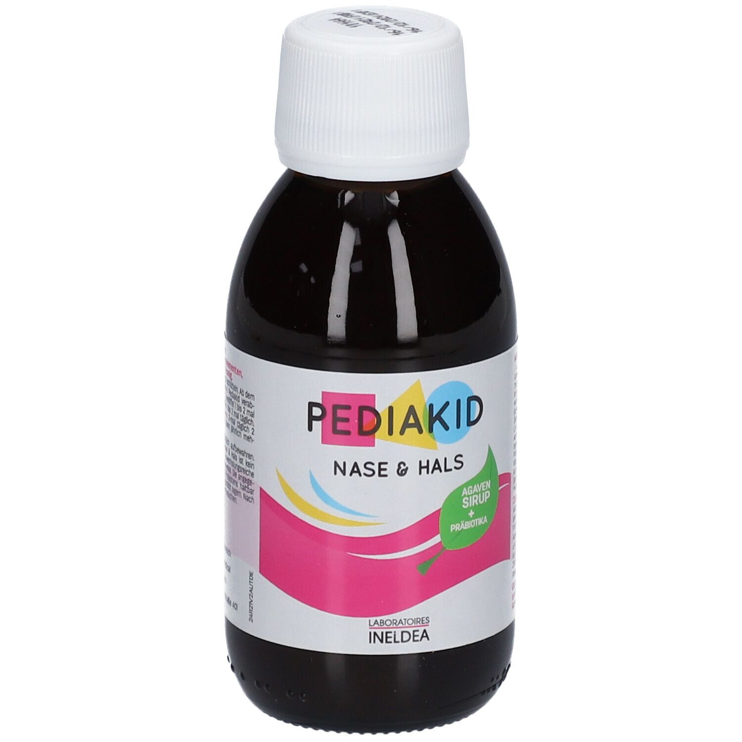 Braune Flüssigkeit in einer Flasche mit weißem Deckel. Auf dem Etikett steht PEDIAKID Nase & Hals, Agavensirup + Präbiotika.