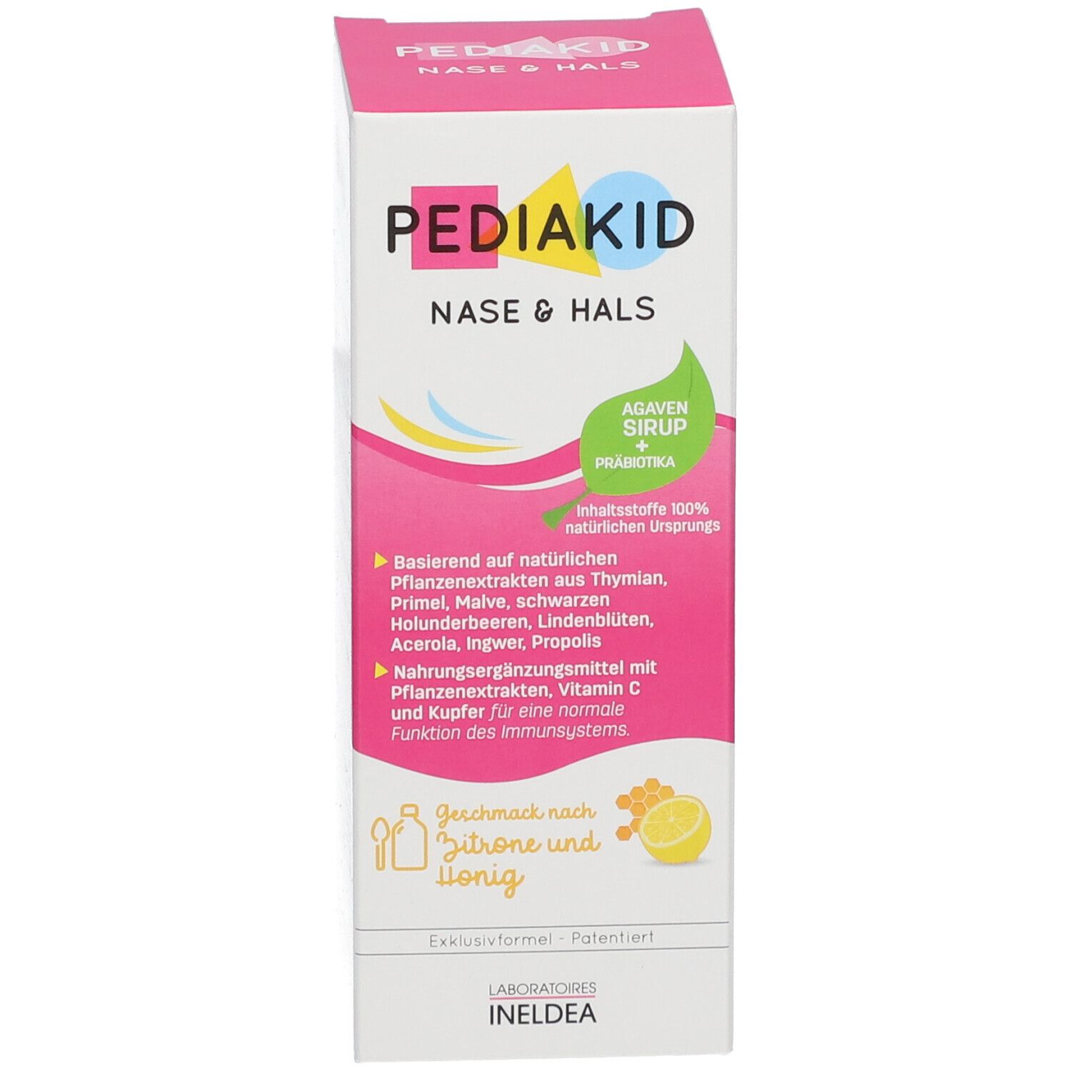 Verpackung mit Aufschrift PEDIAKID Nase & Hals. Auf der Verpackung steht: Agavensirup + Präbiotika. Geschmack nach Zitrone und Honig.