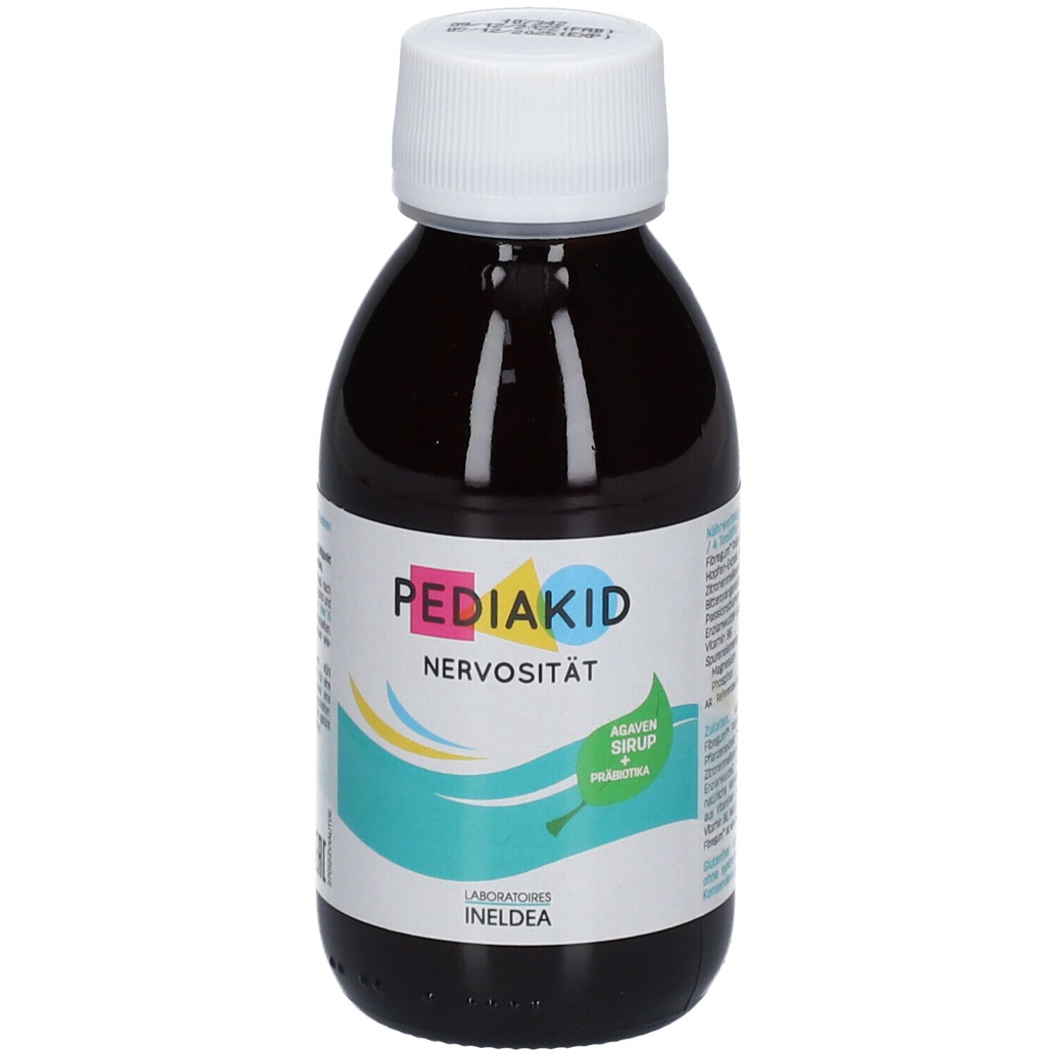 Braune Flasche mit weißem Verschluss. Aufschrift: PEDIAKID Nervosität. Agaven Sirup + Präbiotika. Ineldea Laboratoires.