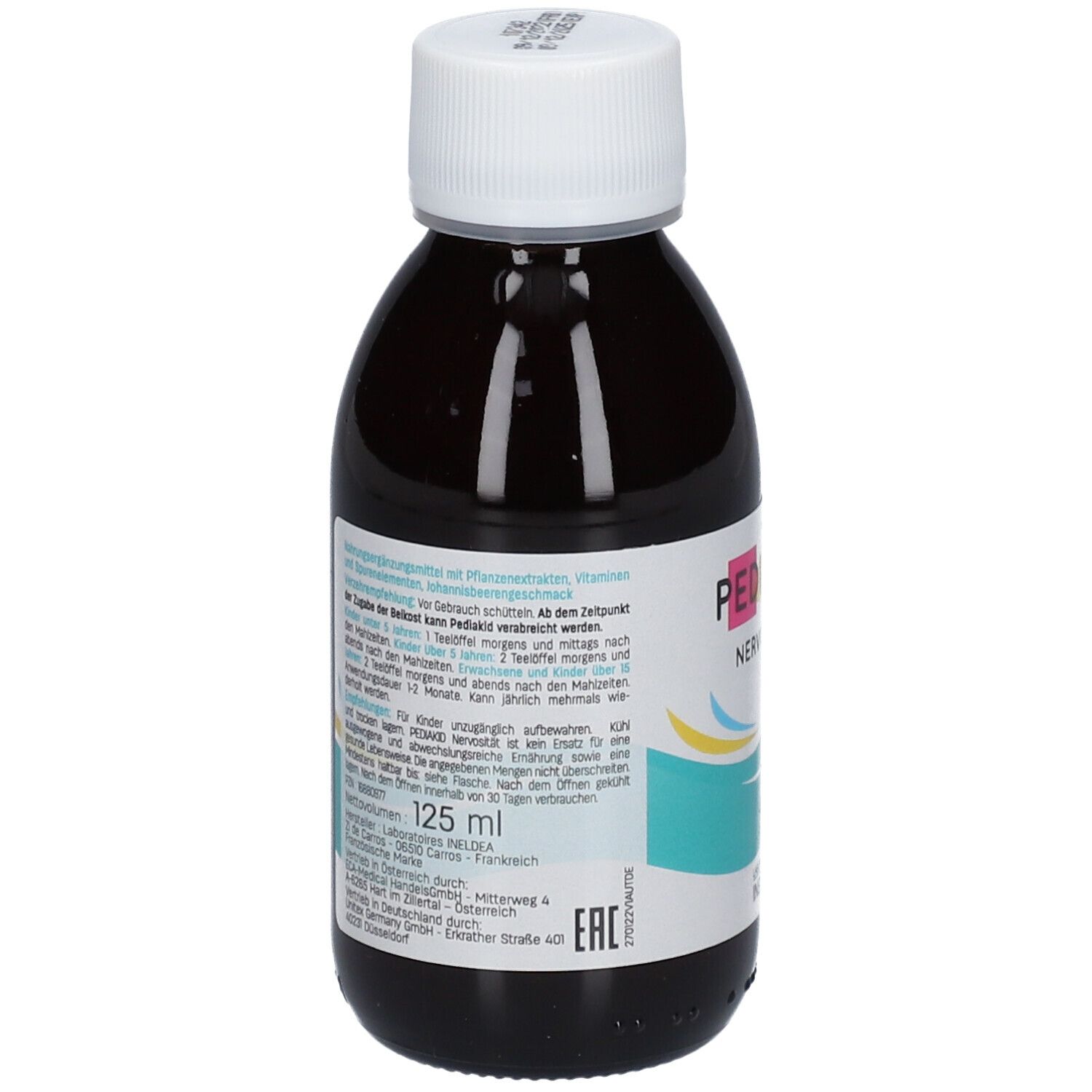 Braune Flasche mit weißem Verschluss. Aufschrift: PEDIAKID Nervosität. Rückseite mit Text und Inhaltsangaben. 125 ml.