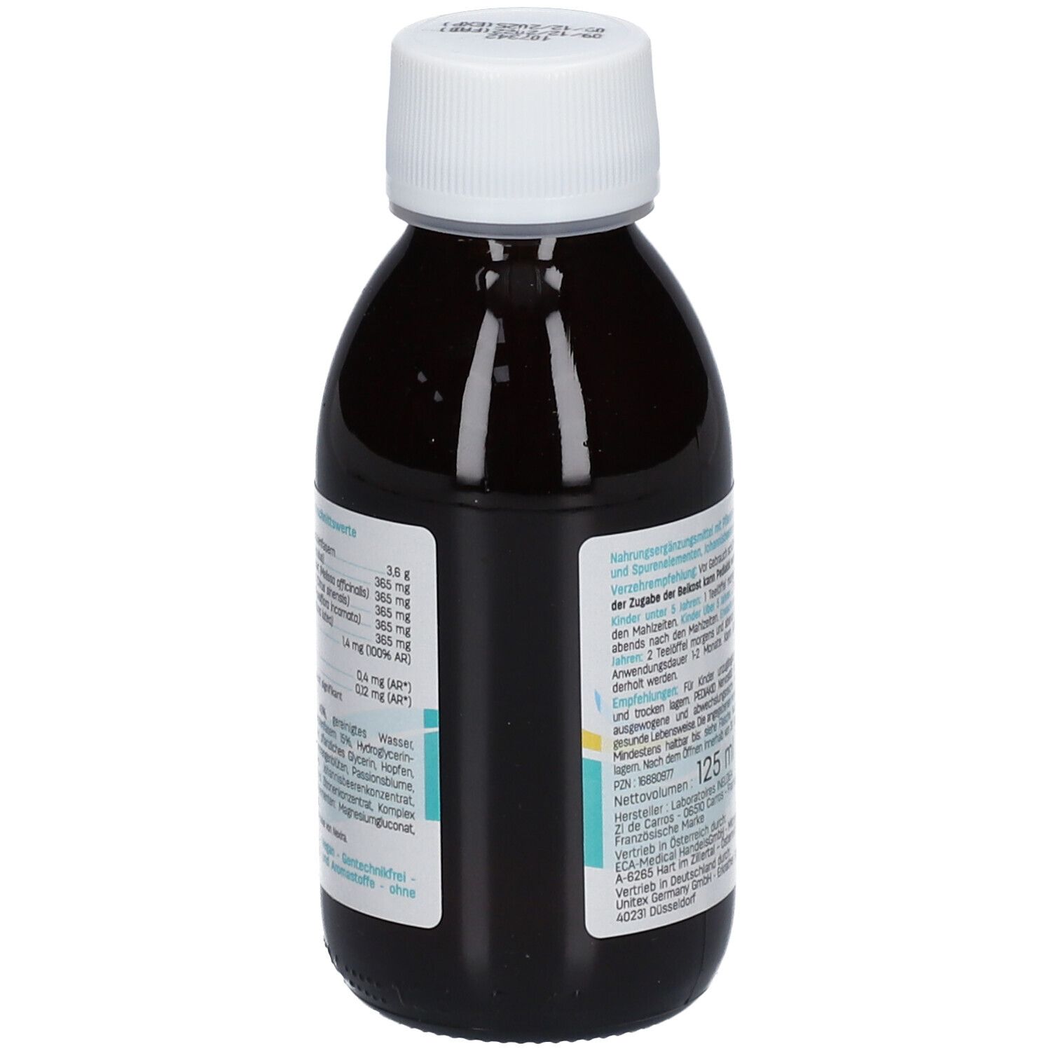 Braune Flasche mit weißem Verschluss. Rückseite mit Text und Inhaltsangaben. 125 ml. Ineldea Laboratoires.