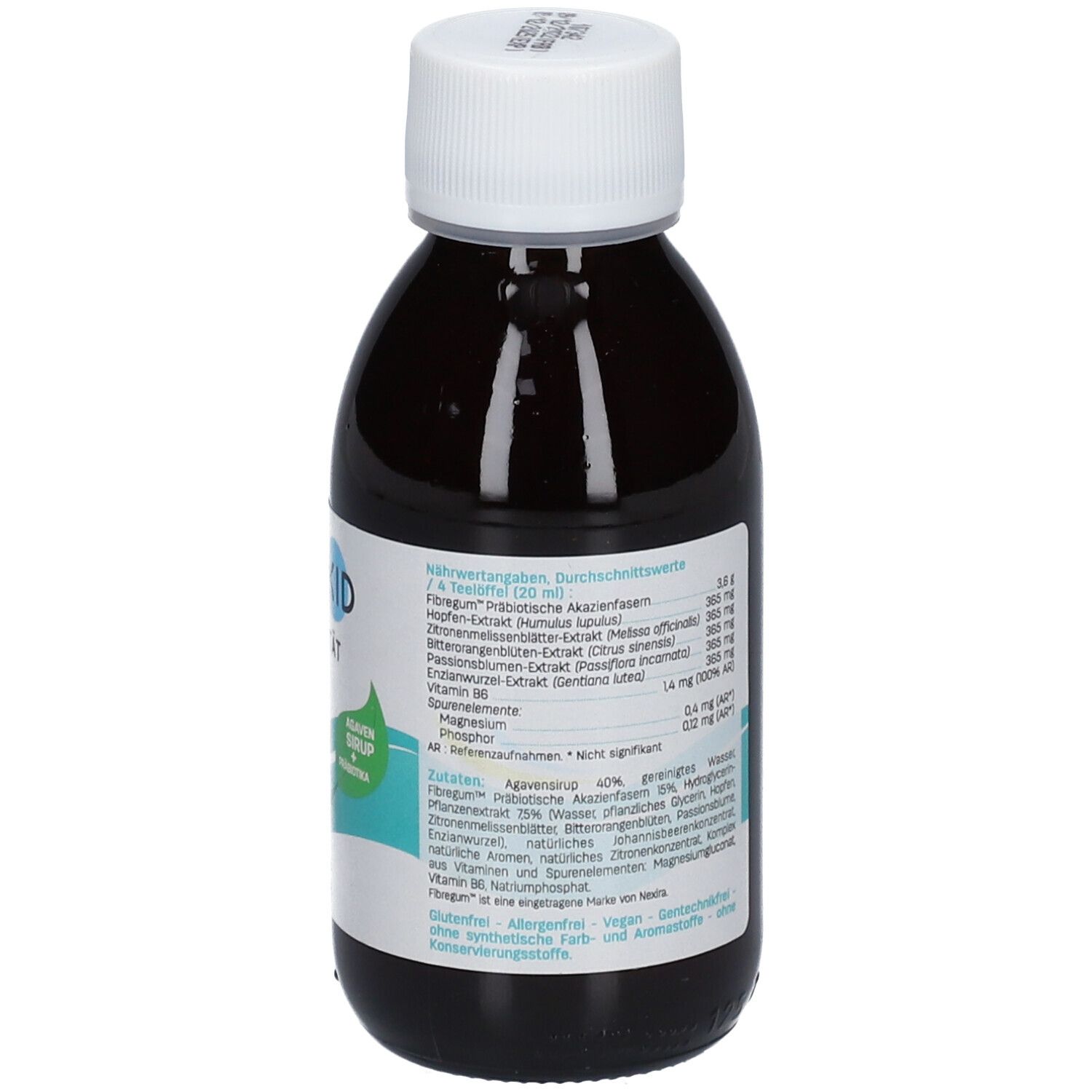 Braune Flasche mit weißem Verschluss. Rückseite mit Inhaltsangaben. 125 ml. Ineldea Laboratoires. Glutenfrei, vegan.