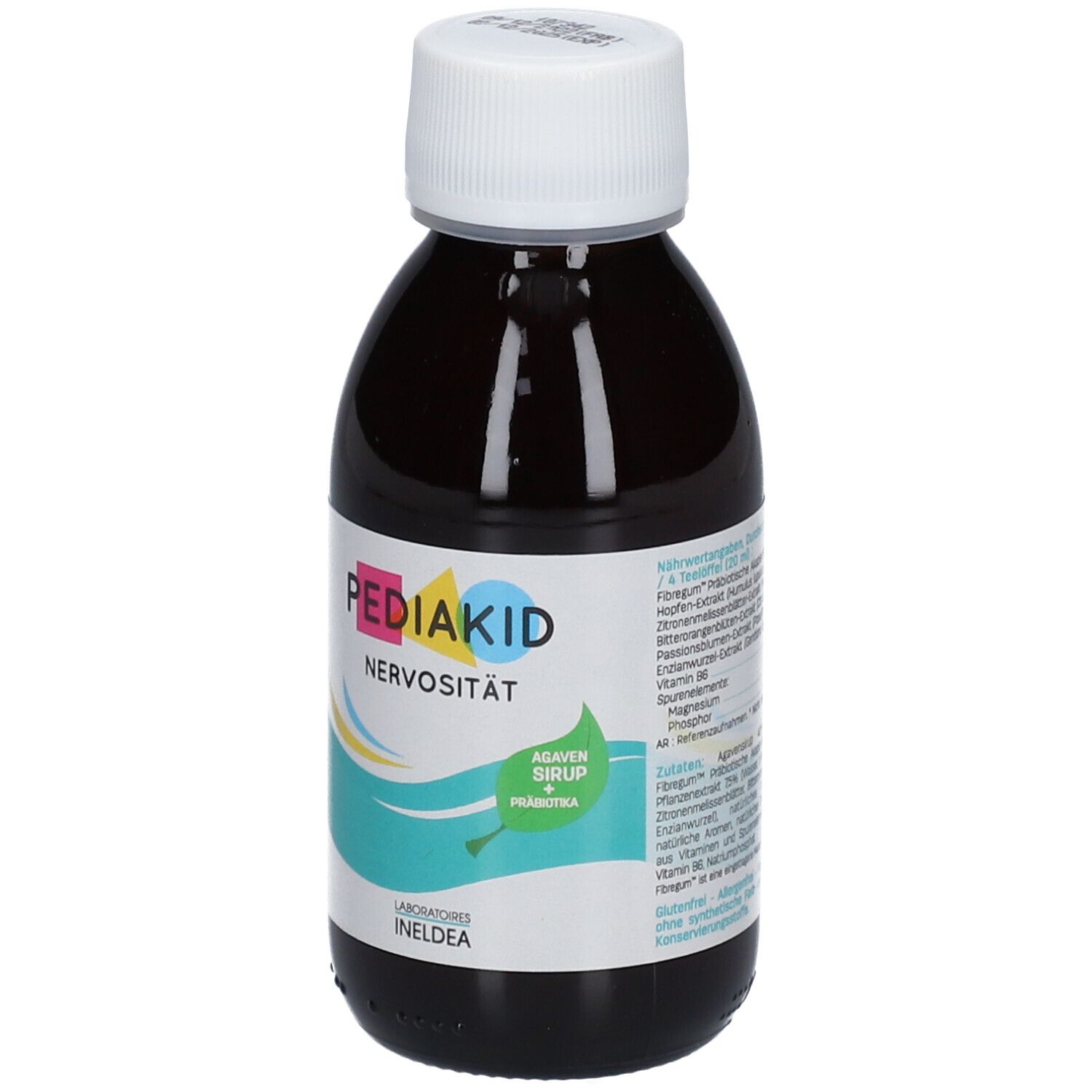 Braune Flasche mit weißem Verschluss. Aufschrift: PEDIAKID Nervosität. Agaven Sirup + Präbiotika. Ineldea Laboratoires.