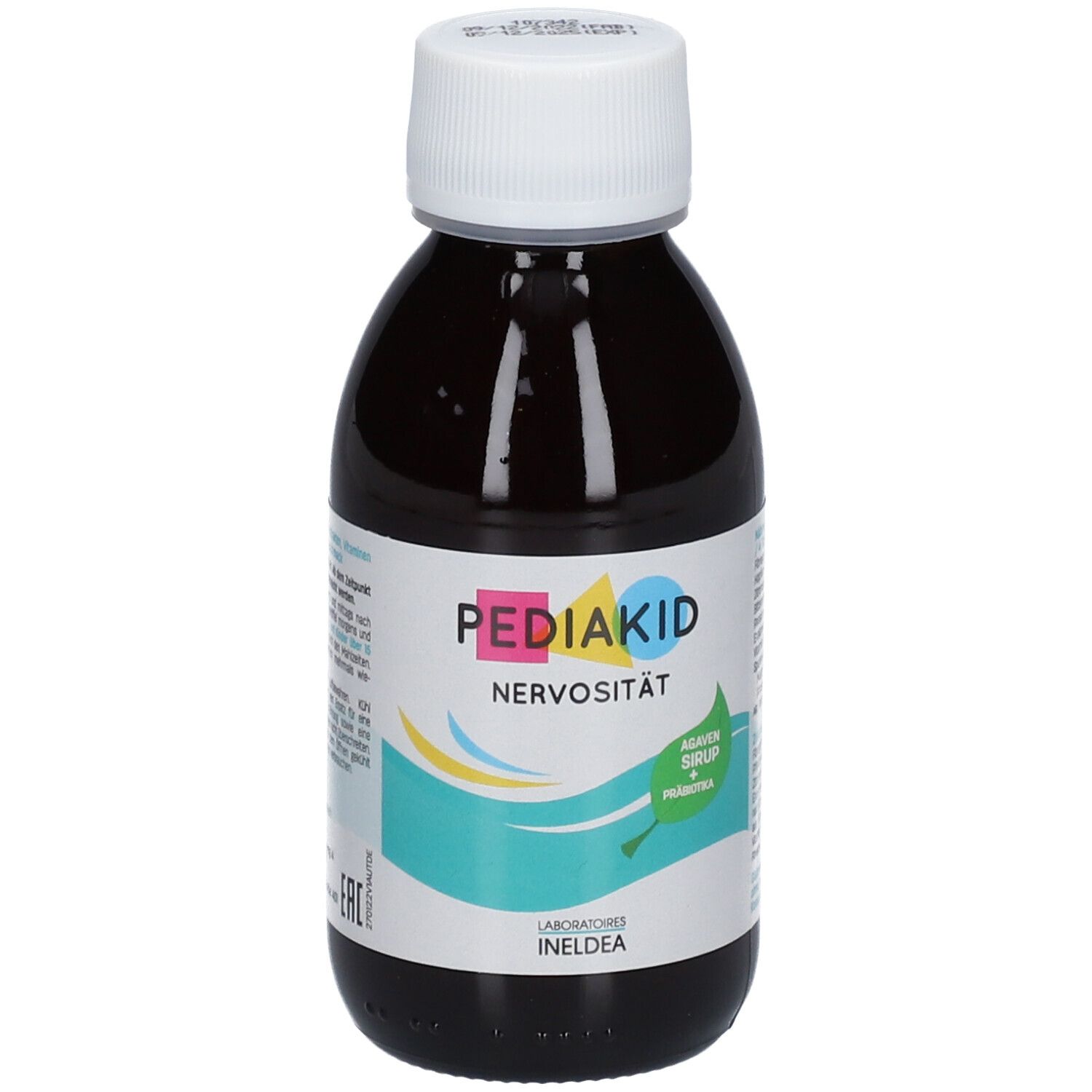 Braune Flasche mit weißem Verschluss. Aufschrift: PEDIAKID Nervosität. Agaven Sirup + Präbiotika. Ineldea Laboratoires.