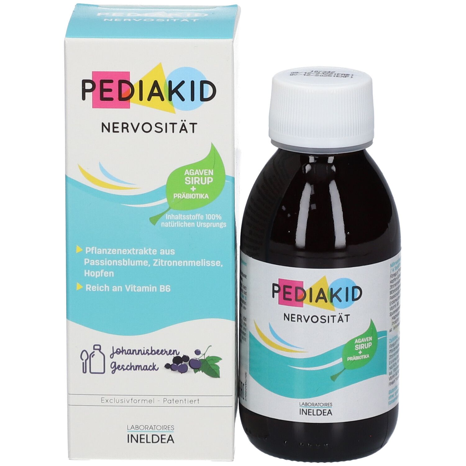 Produktverpackung und Flasche. Aufschrift: PEDIAKID Nervosität. Agaven Sirup + Präbiotika. Ineldea Laboratoires. Pflanzenextrakte.