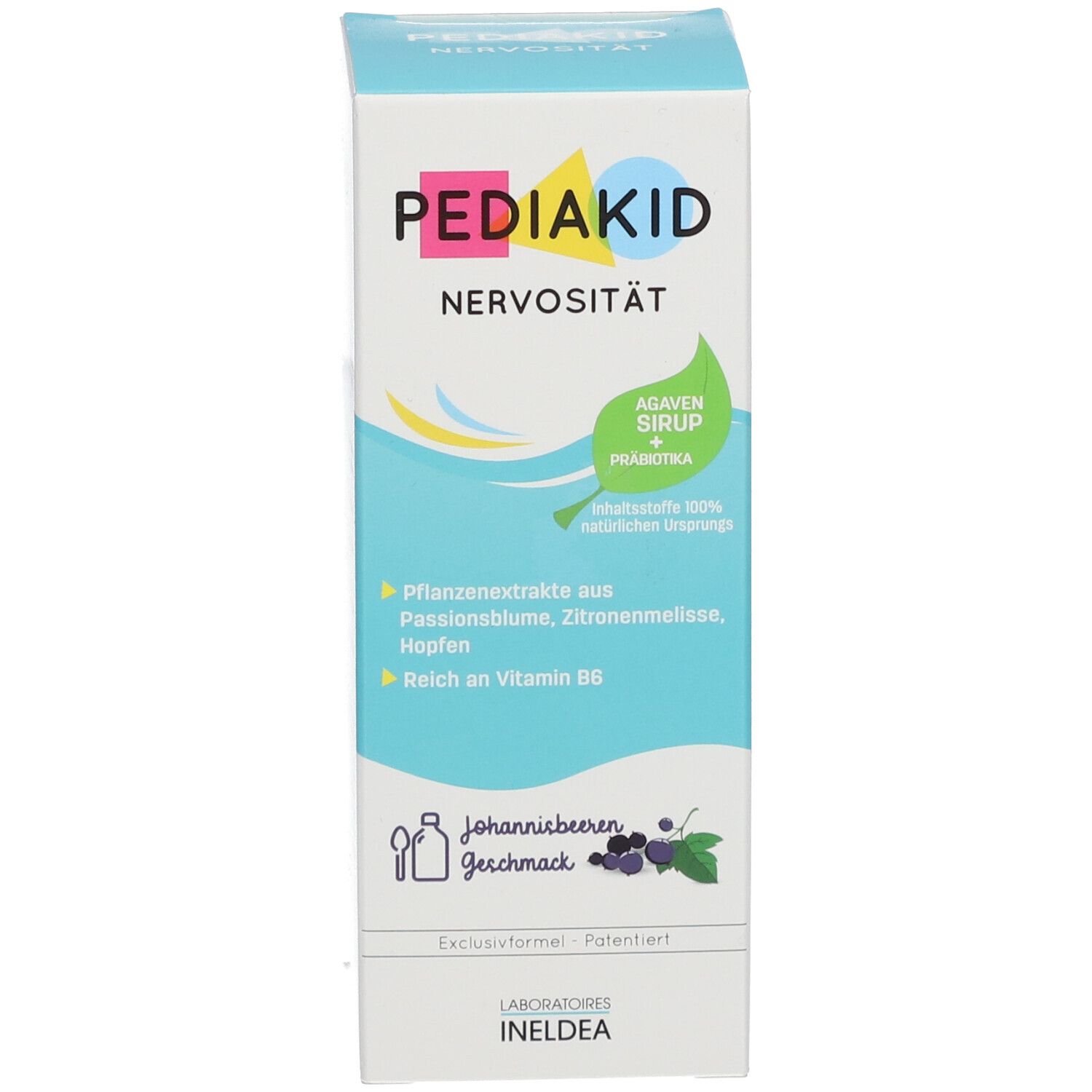 Produktverpackung. Aufschrift: PEDIAKID Nervosität. Agaven Sirup + Präbiotika. Ineldea Laboratoires. Pflanzenextrakte.