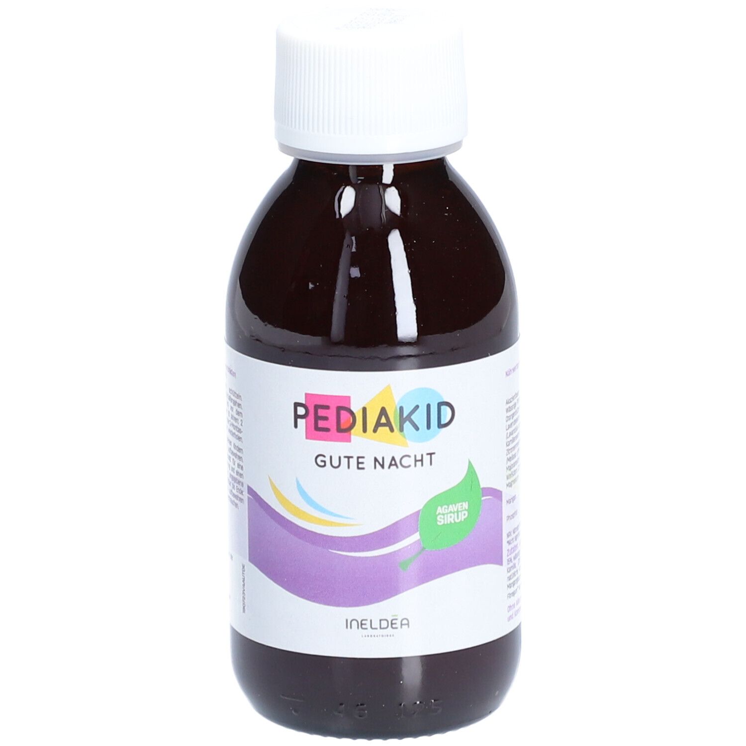 Braune Flasche mit weißem Deckel. Aufschrift: PEDIAKID Gute Nacht. Agavensirup. Lila, gelbe und blaue Wellen.