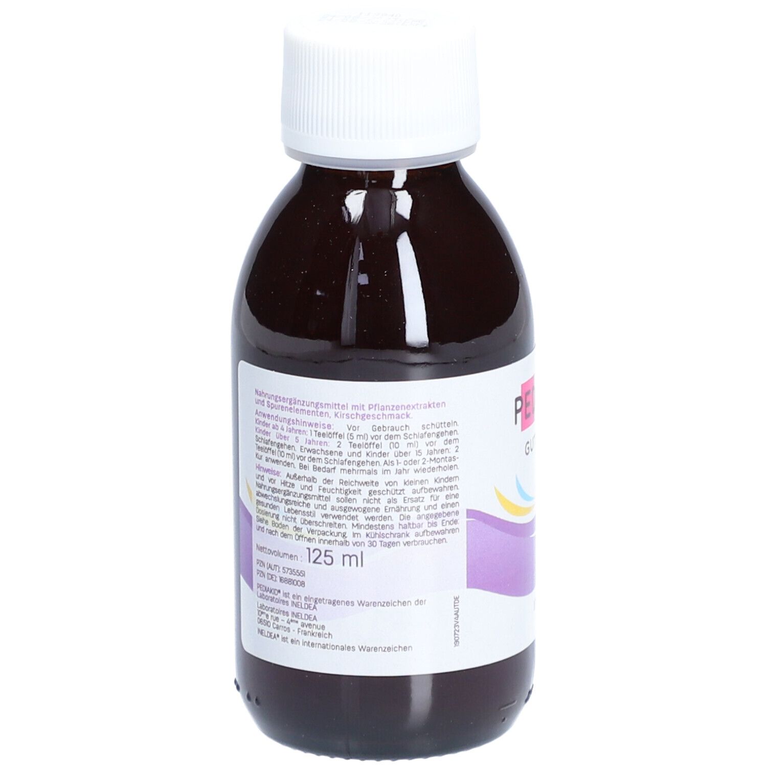 Braune Flasche mit weißem Deckel. Aufschrift: PEDIAKID Gute Nacht. Agavensirup. Rückseite mit Text und 125 ml.