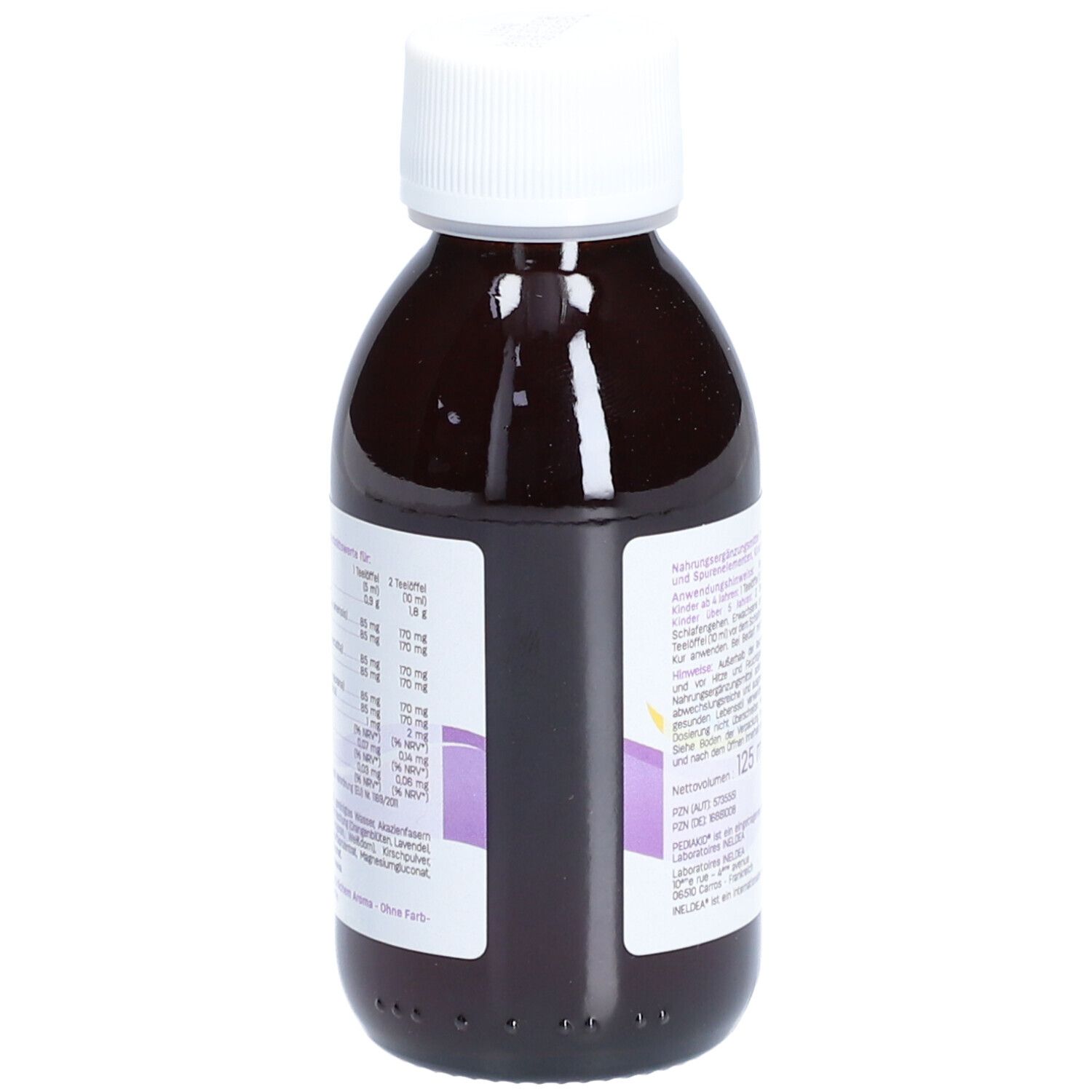 Braune Flasche mit weißem Deckel. Aufschrift: PEDIAKID Gute Nacht. Rückseite mit Text und Nährwertangaben.