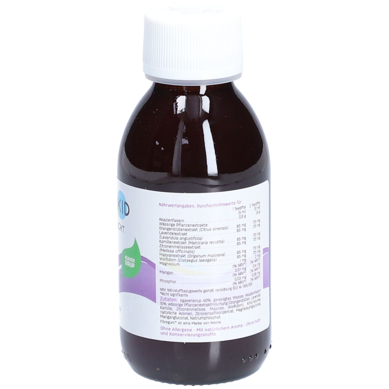 Braune Flasche mit weißem Deckel. Aufschrift: PEDIAKID Gute Nacht. Rückseite mit Text und Nährwertangaben.