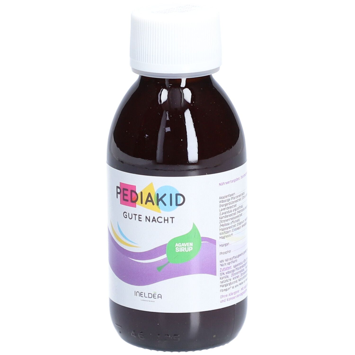 Braune Flasche mit weißem Deckel. Aufschrift: PEDIAKID Gute Nacht. Agavensirup. Lila, gelbe und blaue Wellen.
