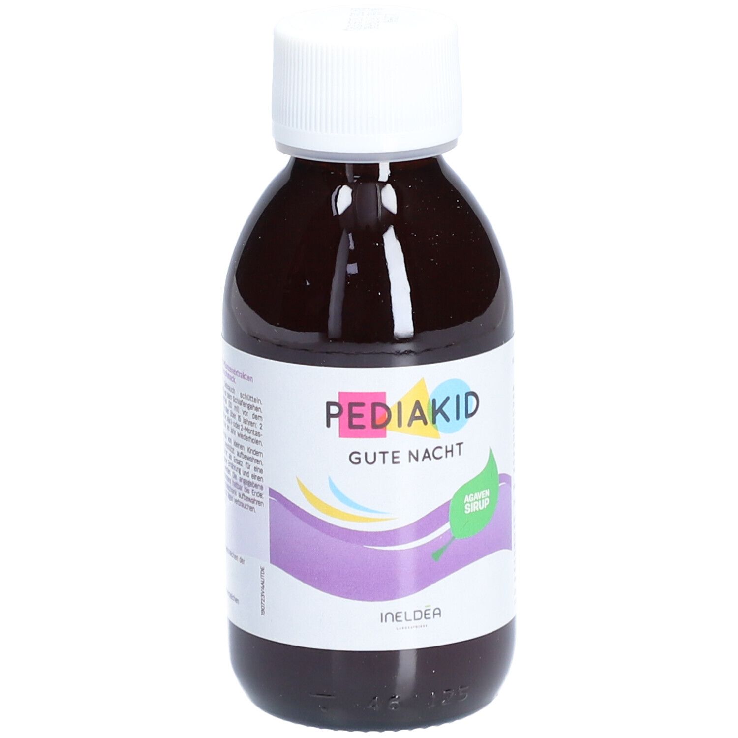 Braune Flasche mit weißem Deckel. Aufschrift: PEDIAKID Gute Nacht. Agavensirup. Lila, gelbe und blaue Wellen.