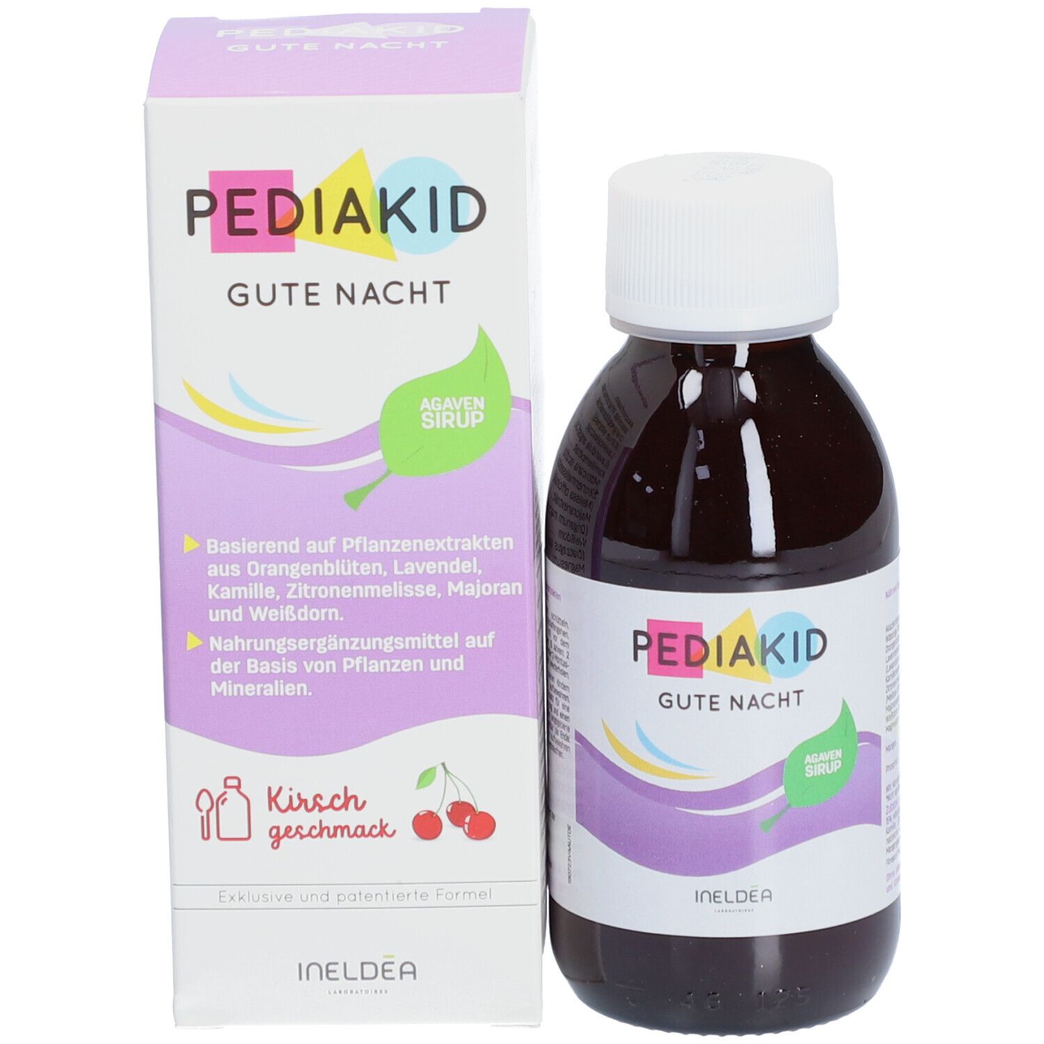 Flasche und Schachtel. Aufschrift: PEDIAKID Gute Nacht. Agavensirup. Kirschgeschmack. Lila, gelbe und blaue Wellen.