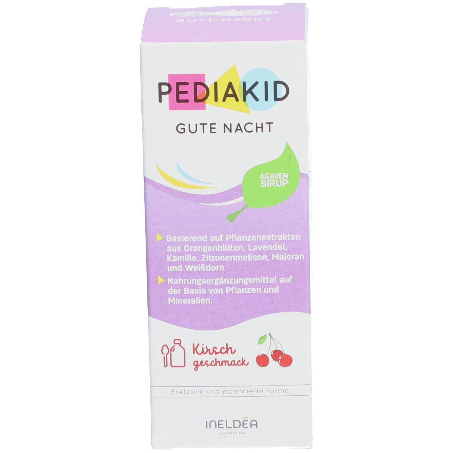 Schachtel. Aufschrift: PEDIAKID Gute Nacht. Agavensirup. Kirschgeschmack. Lila, gelbe und blaue Wellen.