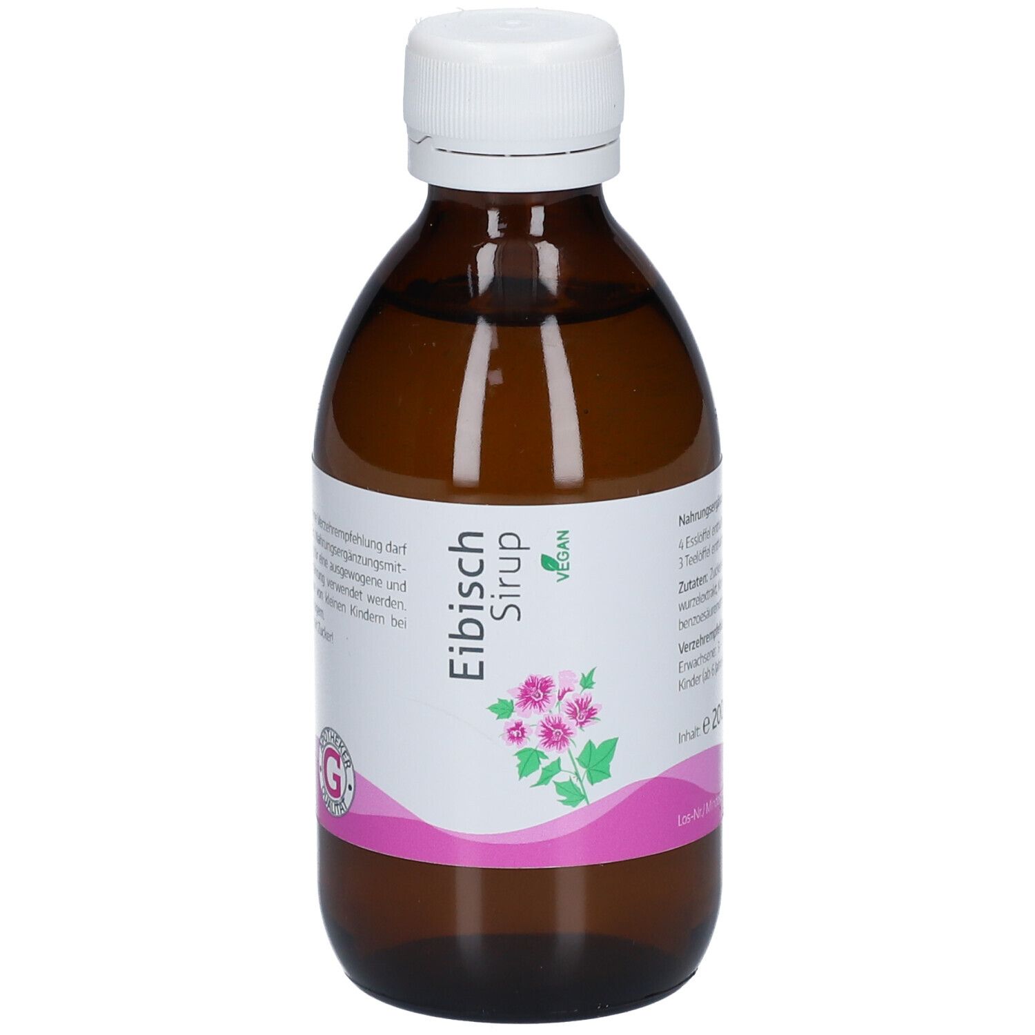 Braune Glasflasche mit weißem Deckel. Etikett mit Produktname, rosa Blüten und veganem Siegel. G-Siegel.