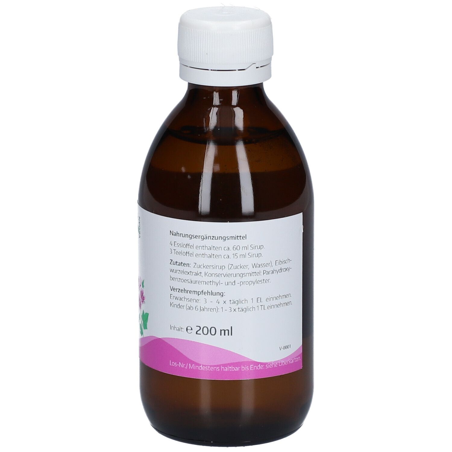 Braune Glasflasche mit weißem Deckel. Etikett mit Produktinformationen, Dosierung und Inhaltsstoffen. Volumen: 200 ml.