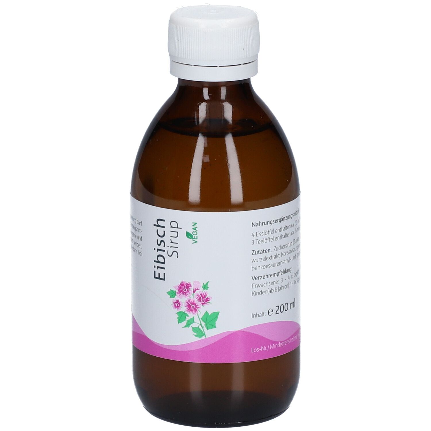 Braune Glasflasche mit weißem Deckel. Etikett mit Produktname, rosa Blüten, veganem Siegel und Volumenangabe: 200 ml.