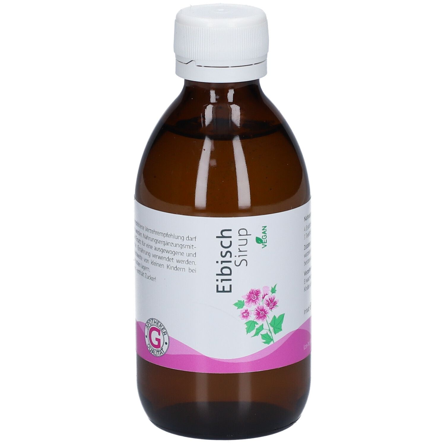 Braune Glasflasche mit weißem Deckel. Etikett mit Produktname, rosa Blüten, veganem Siegel und G-Siegel.
