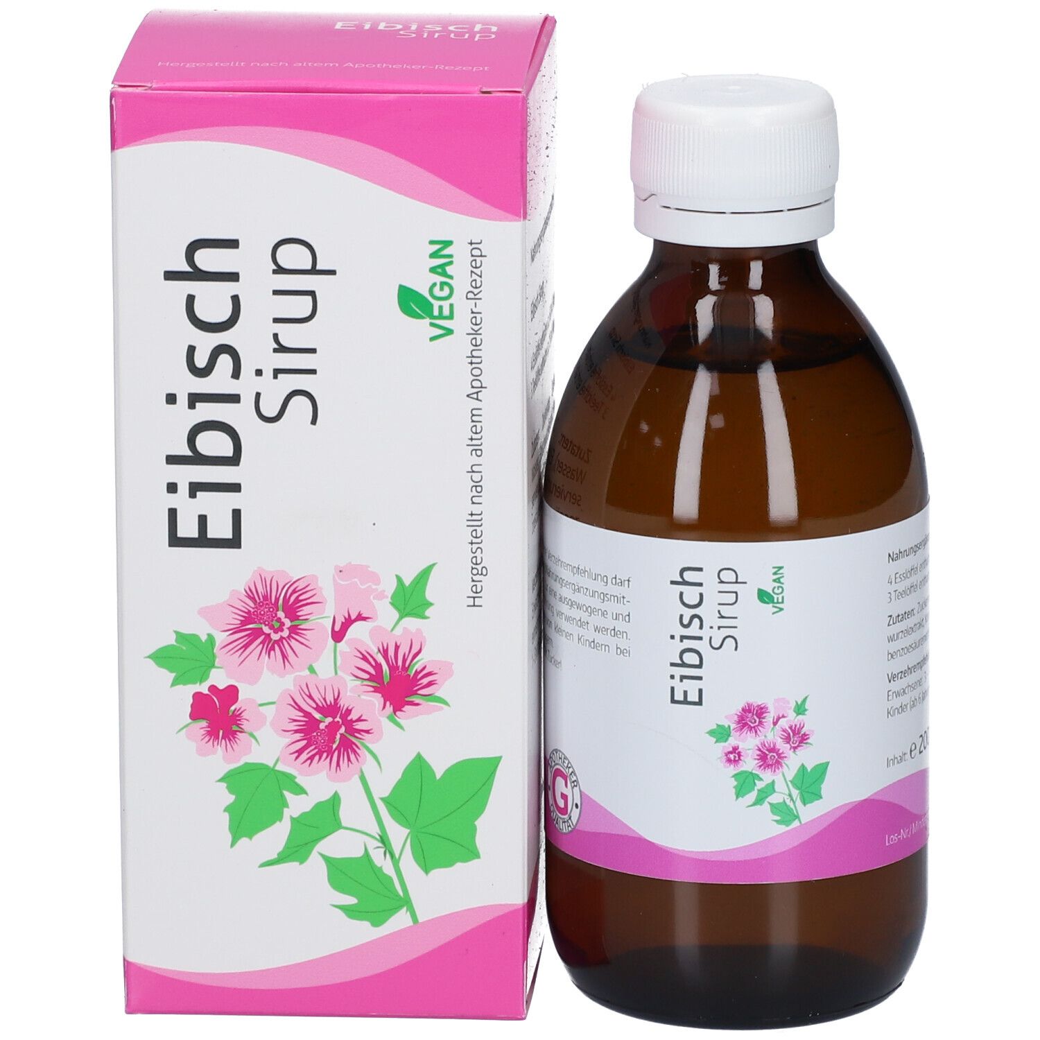 Braune Glasflasche mit weißem Deckel und rosa Karton. Auf dem Karton: Produktname, Blüten, veganes Siegel. G-Siegel.