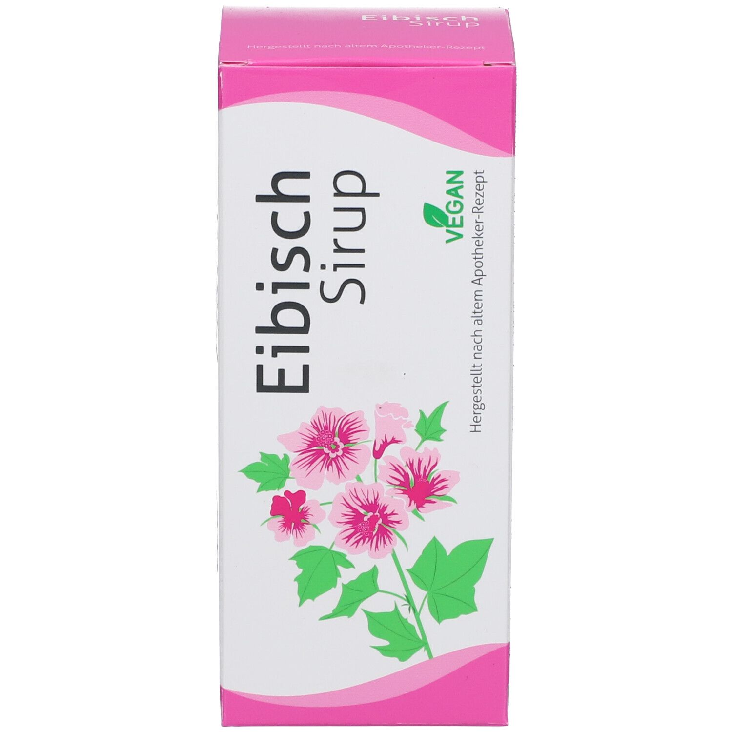 Rosa Karton mit Produktname, Blüten und veganem Siegel. Text: Hergestellt nach altem Apotheker-Rezept.
