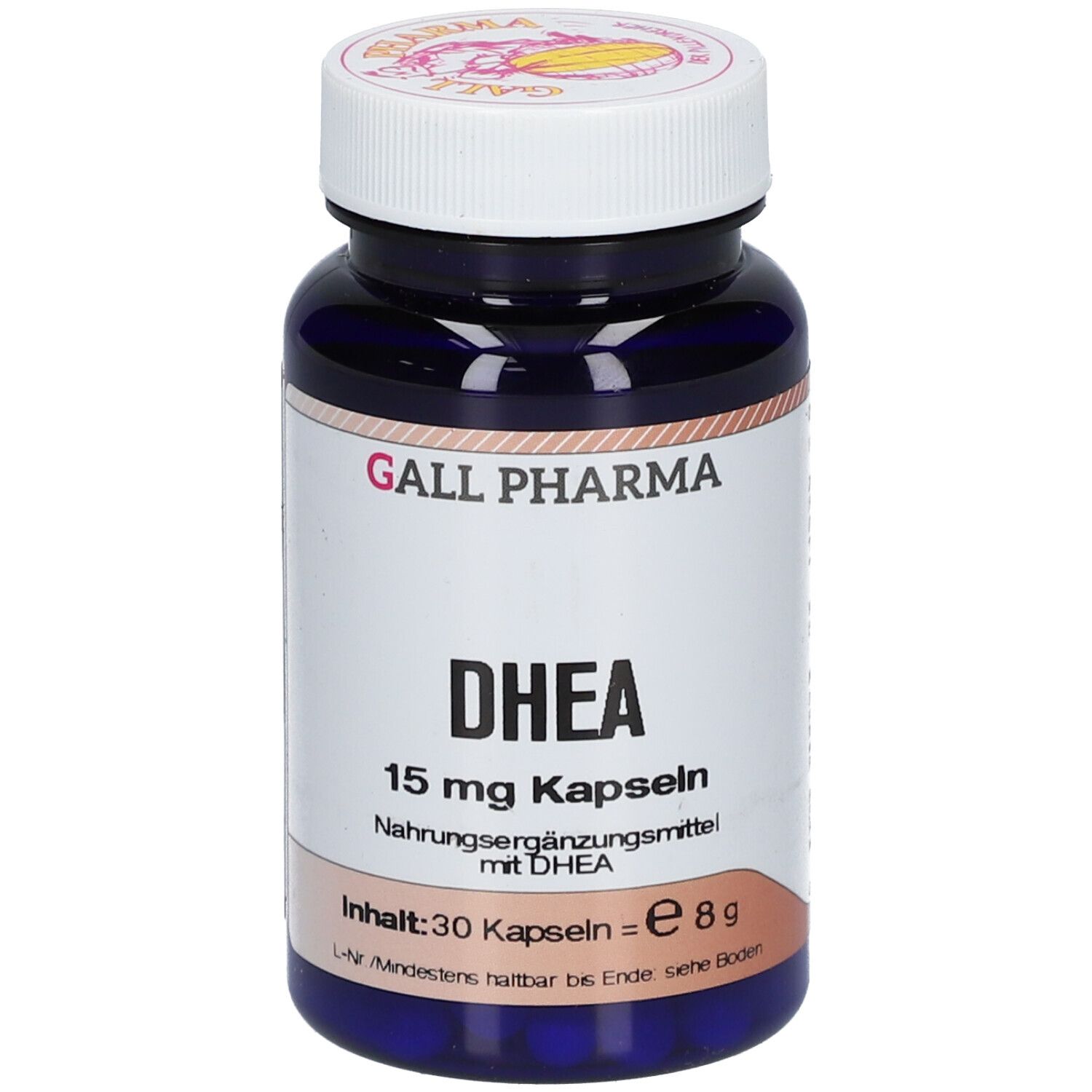 Blaue Flasche mit weißem Deckel. Aufschrift: GALL PHARMA, DHEA 15 mg Kapseln. Inhalt: 30 Kapseln.