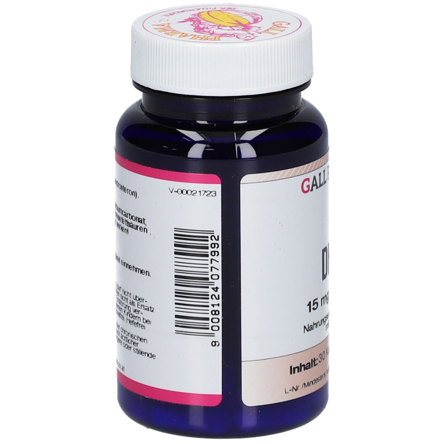 Blaue Flasche mit weißem Deckel. Rückseite mit Text und Barcode. Aufschrift: GALL PHARMA, DHEA 15 mg Kapseln.