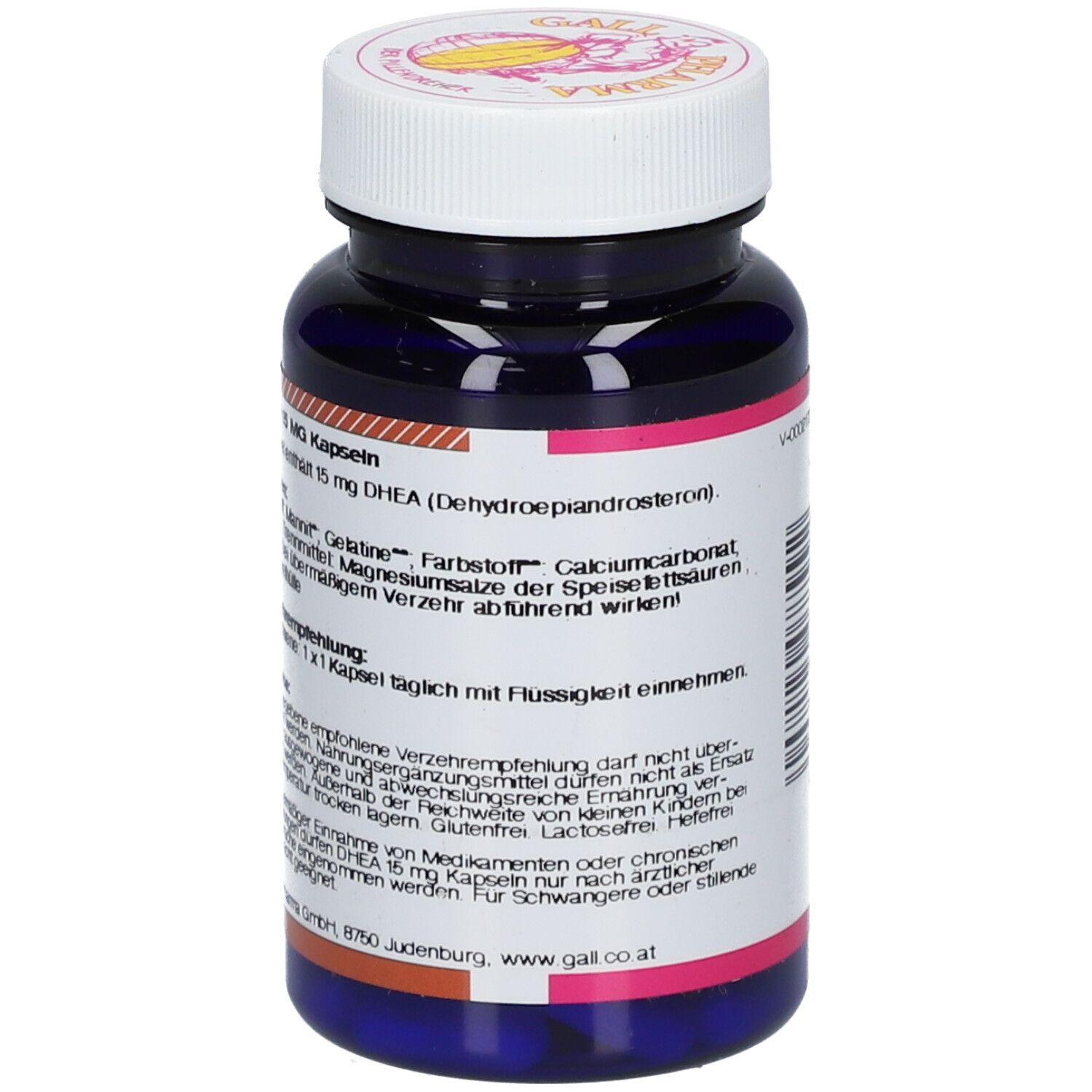 Blaue Flasche mit weißem Deckel. Rückseite mit Text. Aufschrift: GALL PHARMA, DHEA 15 mg Kapseln. Inhaltsstoffe.