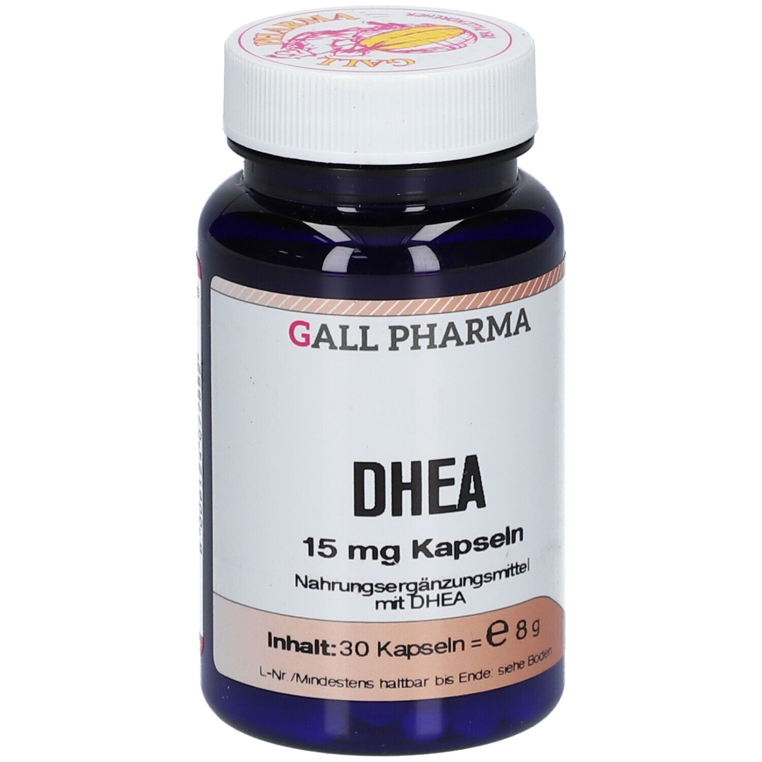 Blaue Flasche mit weißem Deckel. Aufschrift: GALL PHARMA, DHEA 15 mg Kapseln. Inhalt: 30 Kapseln.