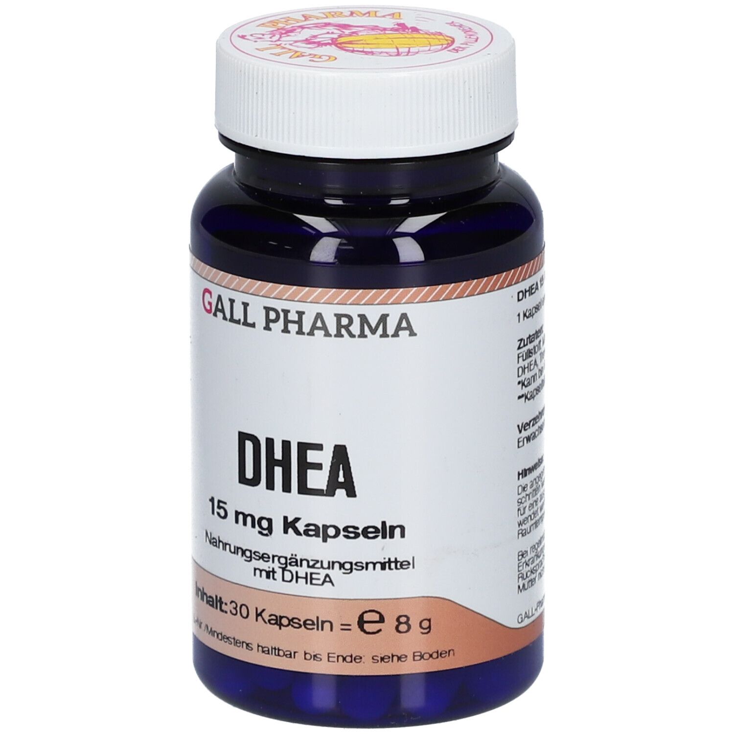 Blaue Flasche mit weißem Deckel. Aufschrift: GALL PHARMA, DHEA 15 mg Kapseln. Inhalt: 30 Kapseln.
