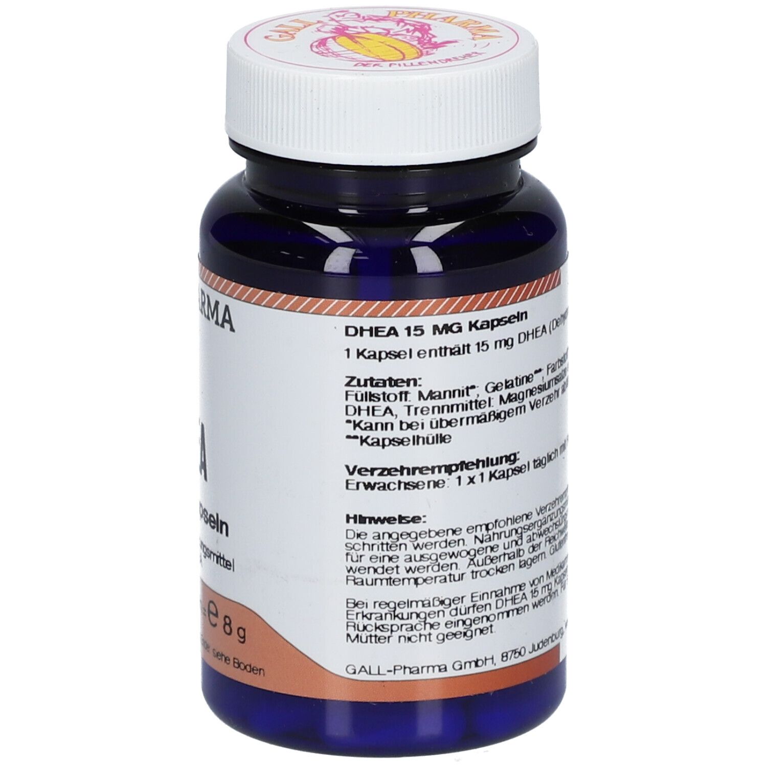 Blaue Flasche mit weißem Deckel. Rückseite mit Text. Aufschrift: GALL PHARMA, DHEA 15 mg Kapseln. Dosierung.