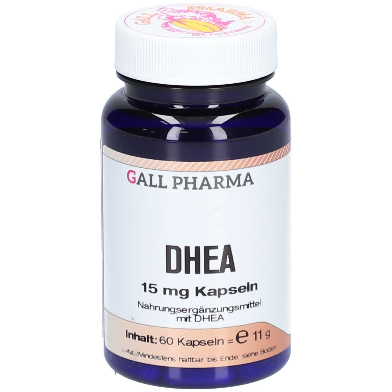 DHEA 15 mg Kapseln von Gall Pharma. Blaue Flasche mit weißem Deckel. Aufschrift DHEA und 15 mg.